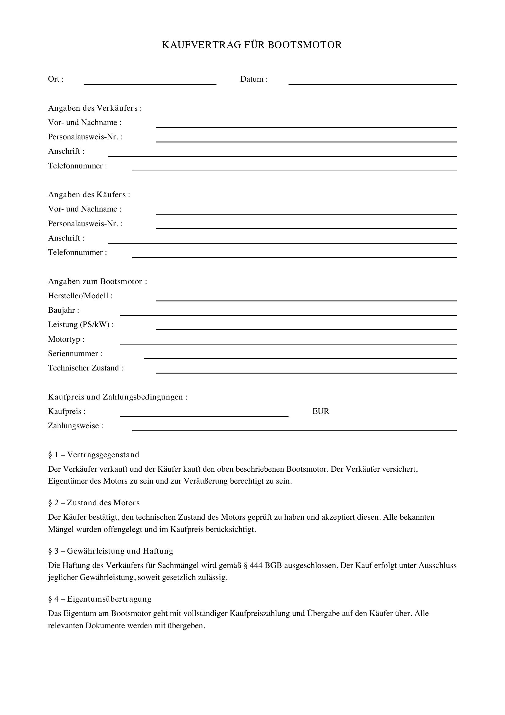 Kaufvertrag Bootsmotor