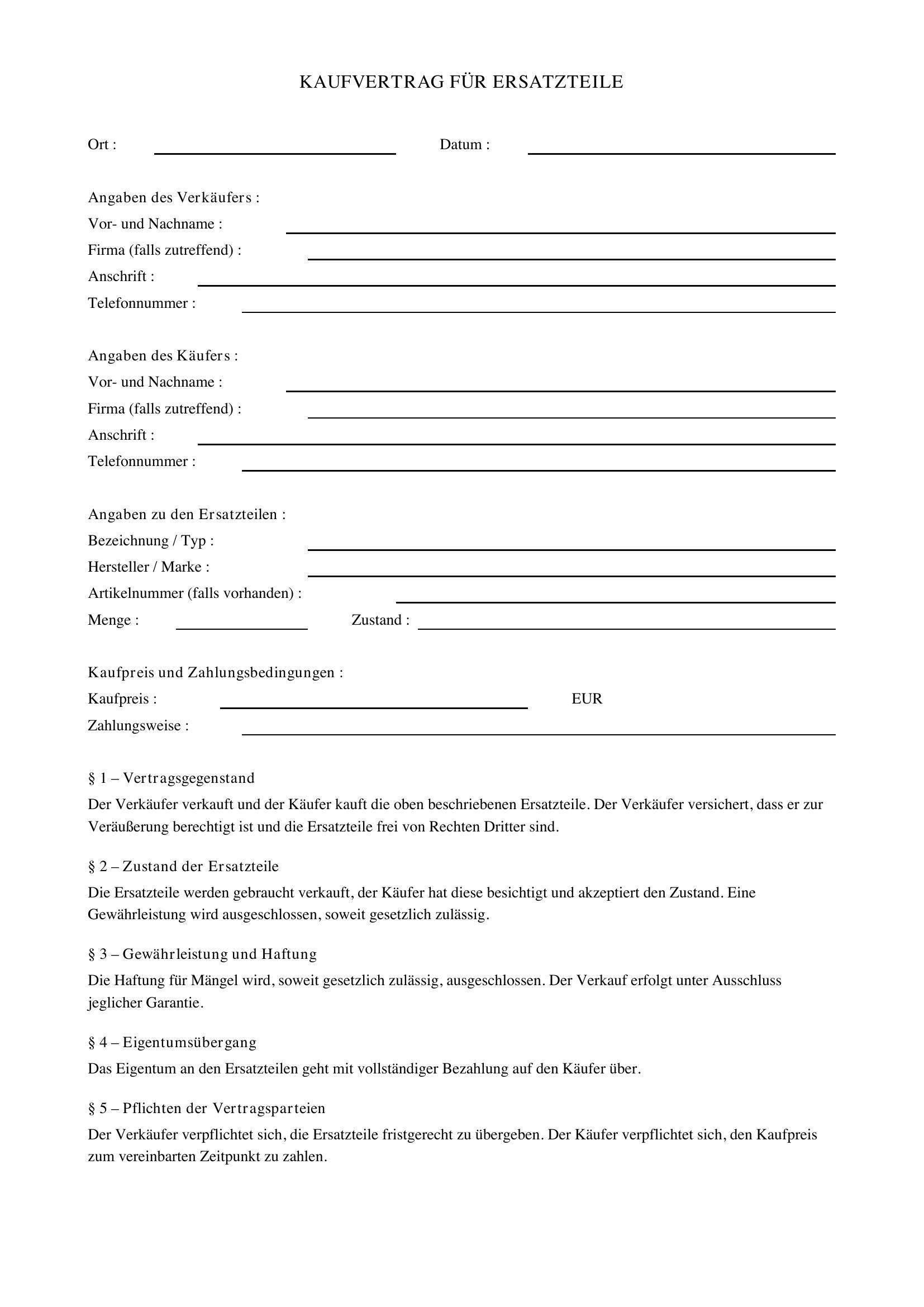 Kaufvertrag Ersatzteile