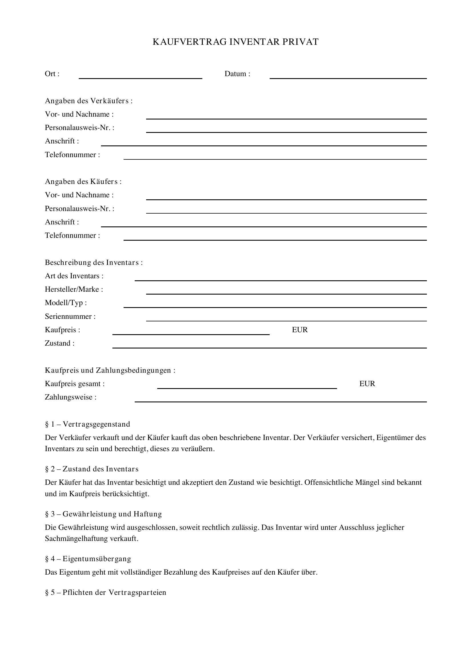Kaufvertrag Inventar Privat