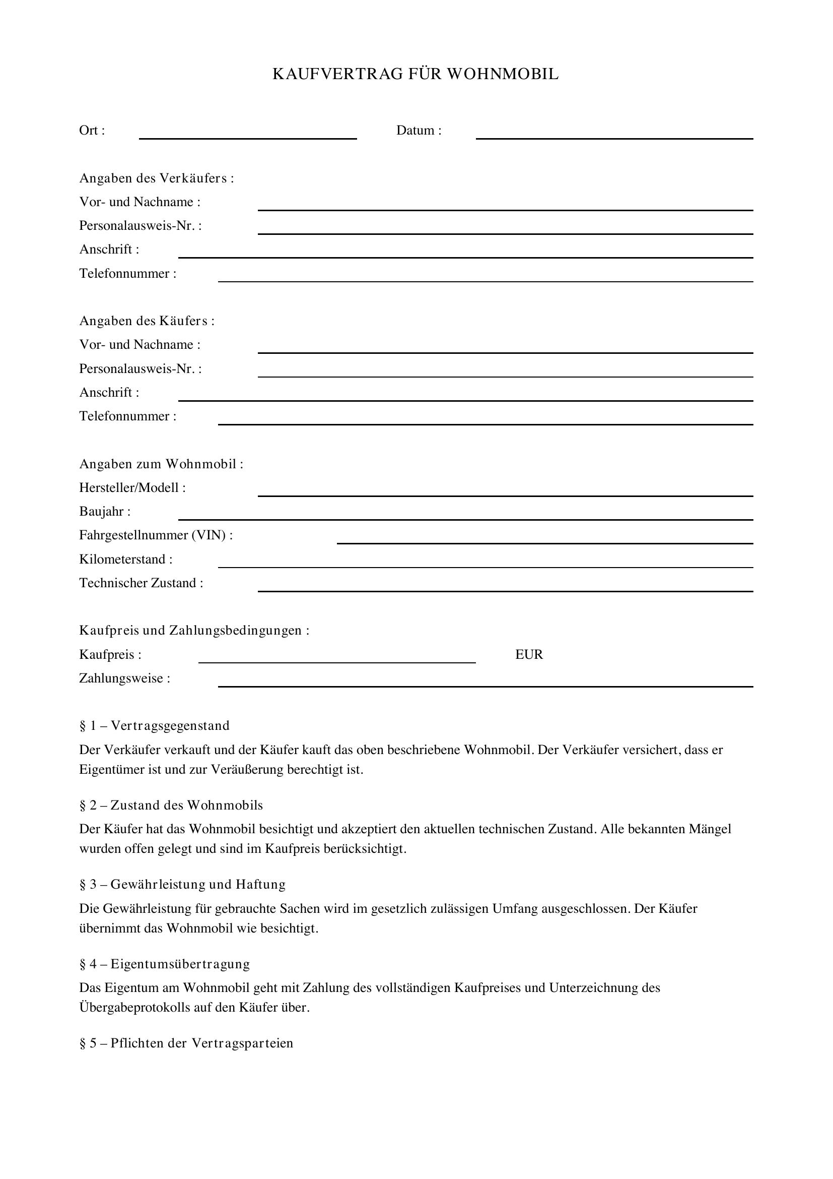 Kaufvertrag Wohnmobil