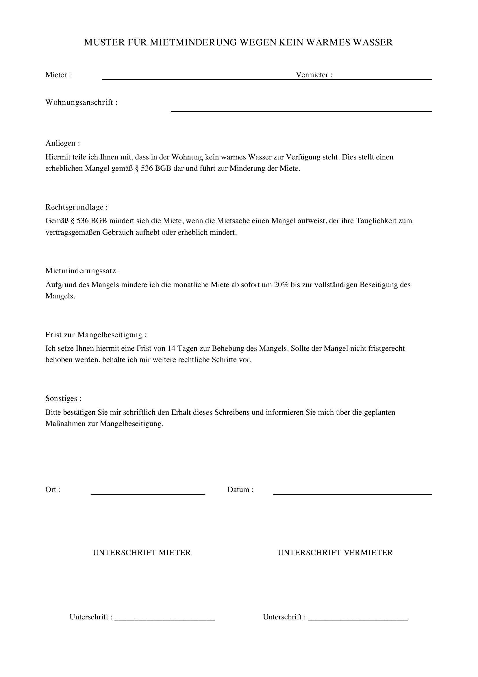 Kein Warmes Wasser Mietminderung Muster
