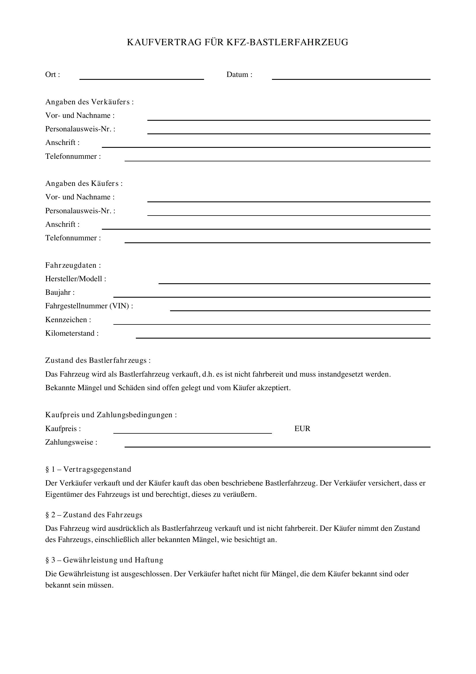 Kfz-Kaufvertrag Bastlerfahrzeug