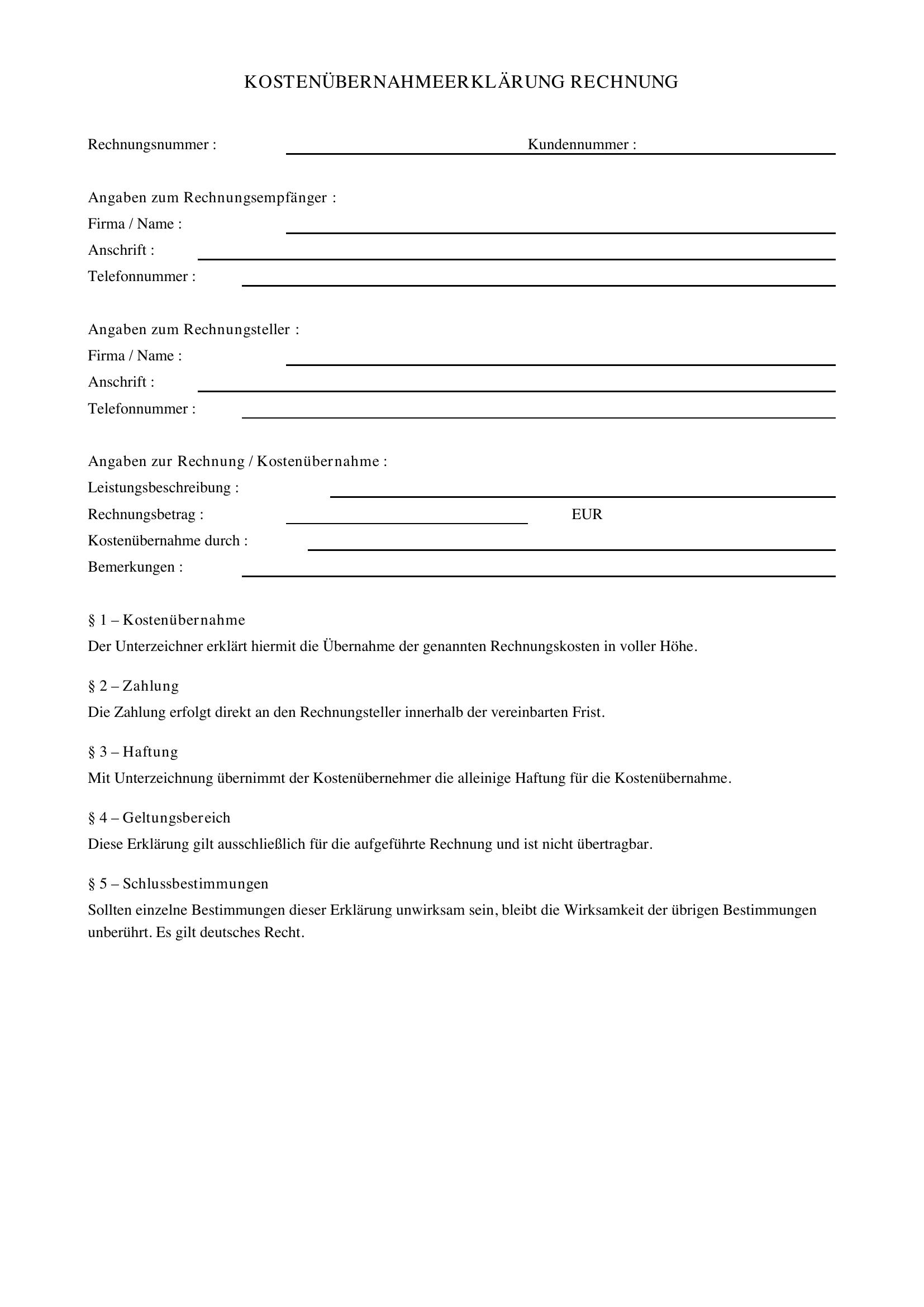 Kostenübernahmeerklärung Rechnung