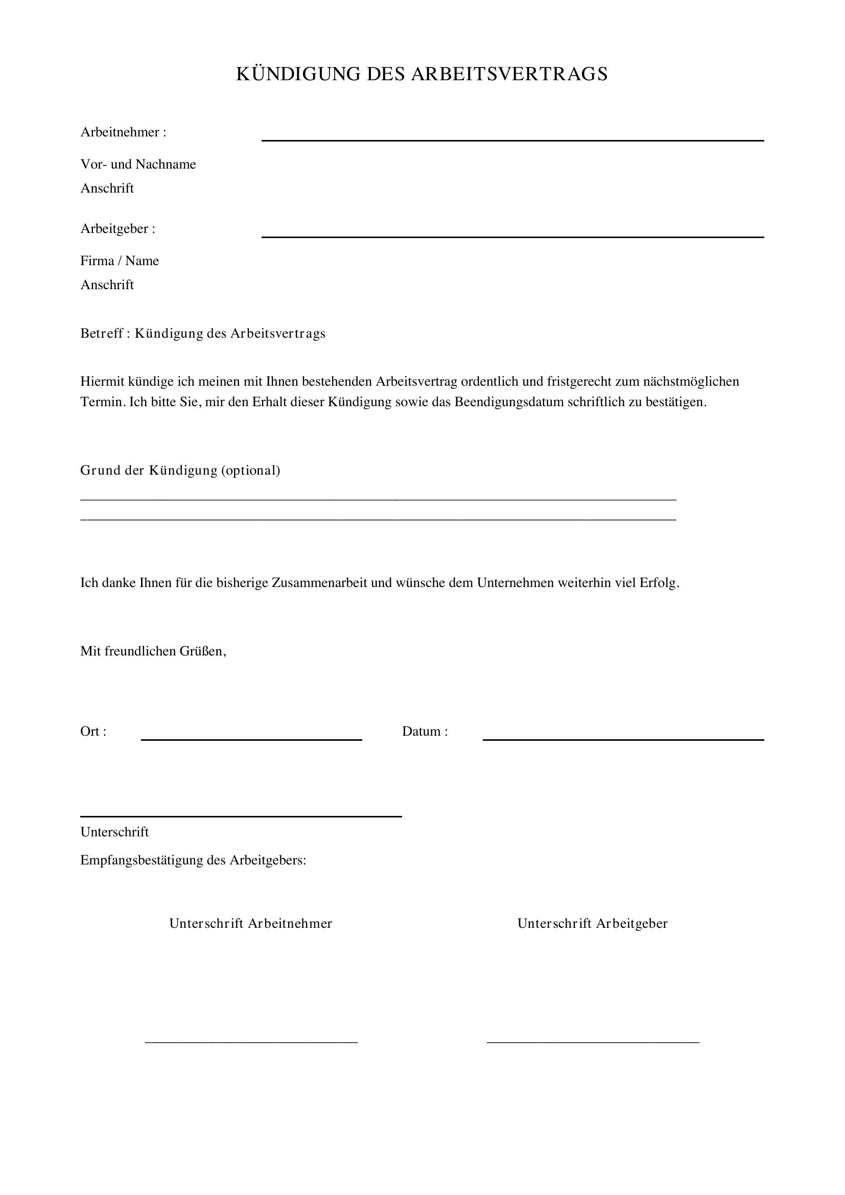 Kündigung Arbeitsvertrag