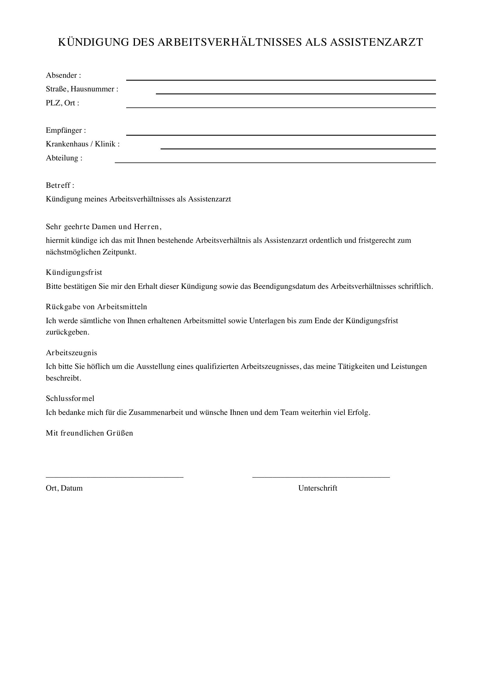 Kündigung Assistenzarzt Muster