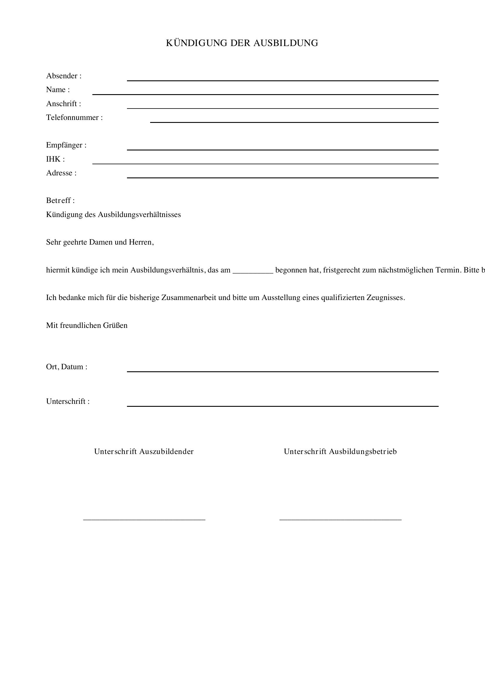 Kündigung Ausbildung Muster Ihk