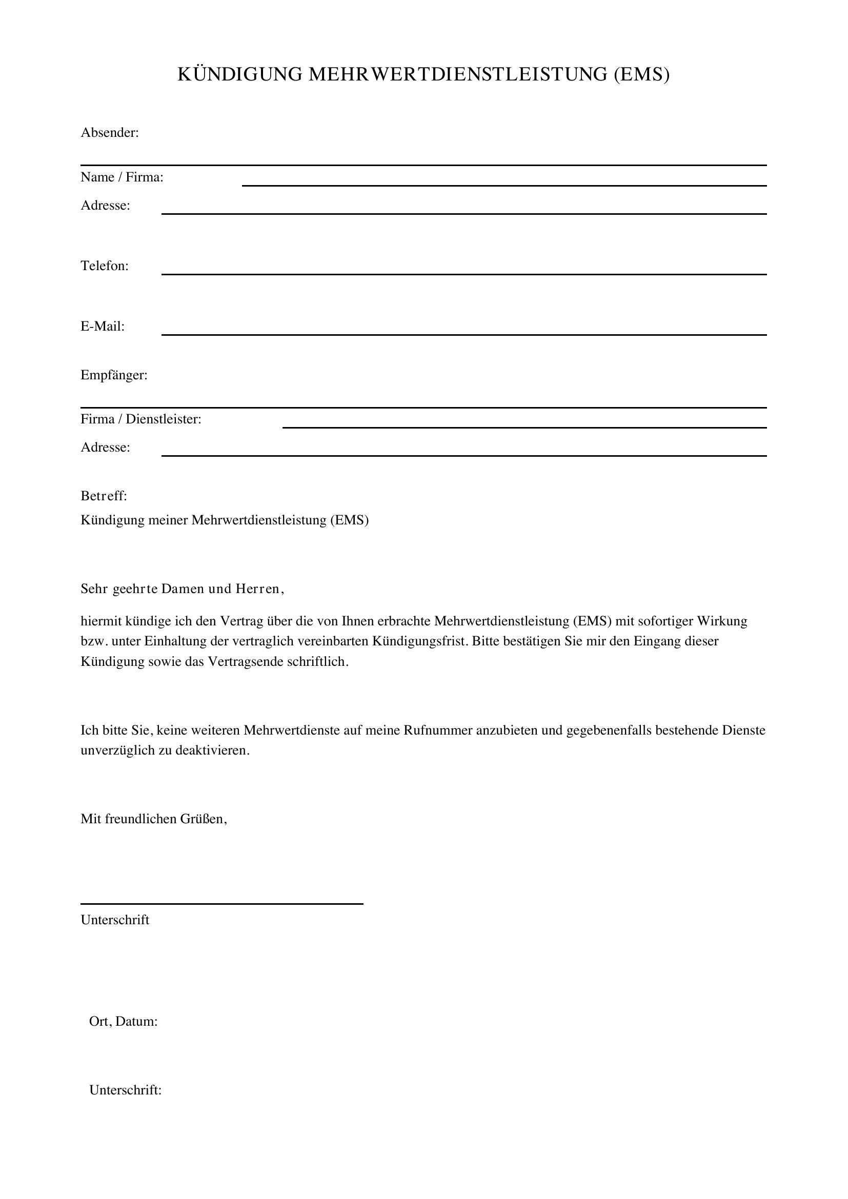 Kündigung Ems Vorlage