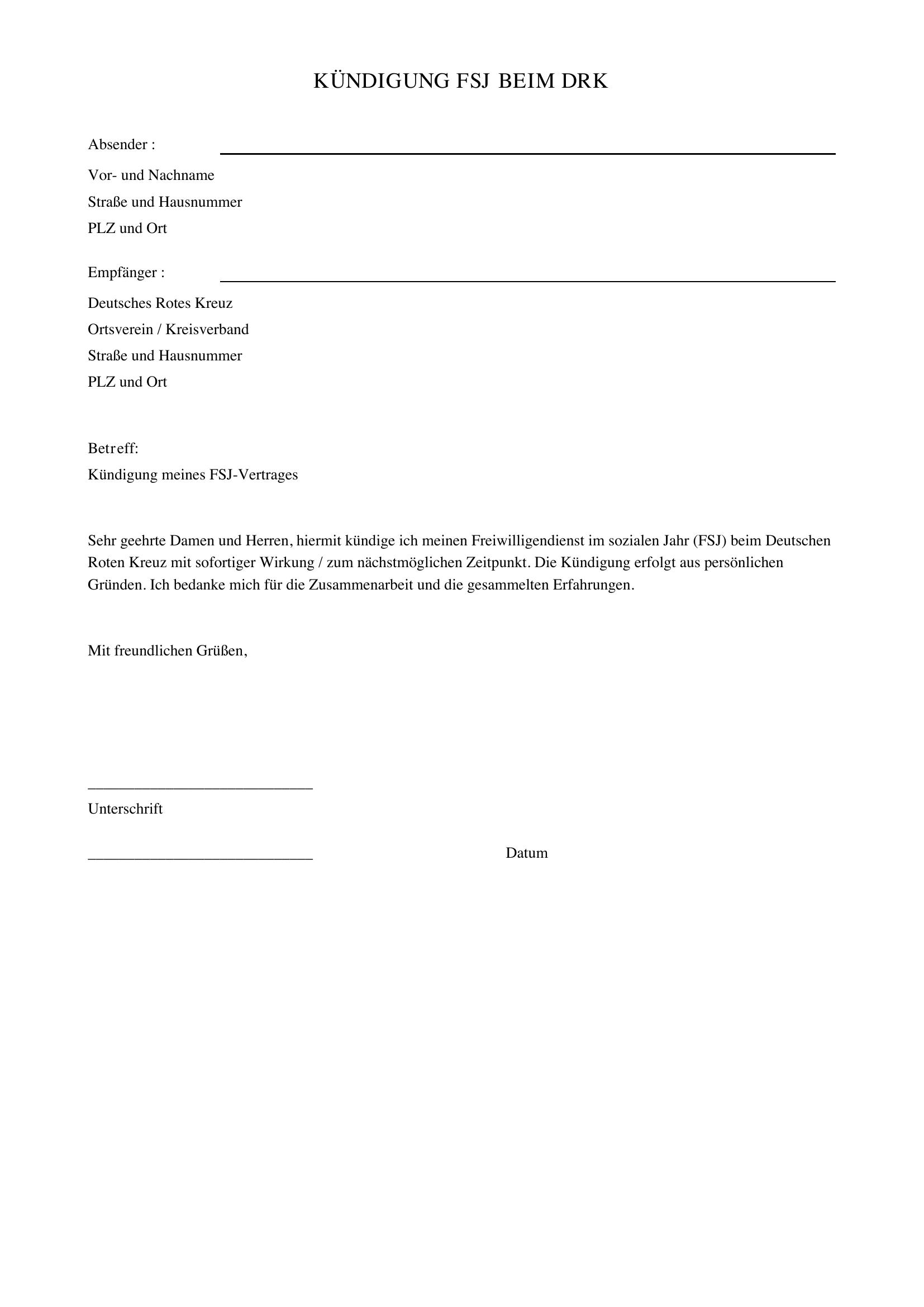 Kündigung Fsj Drk Vorlage