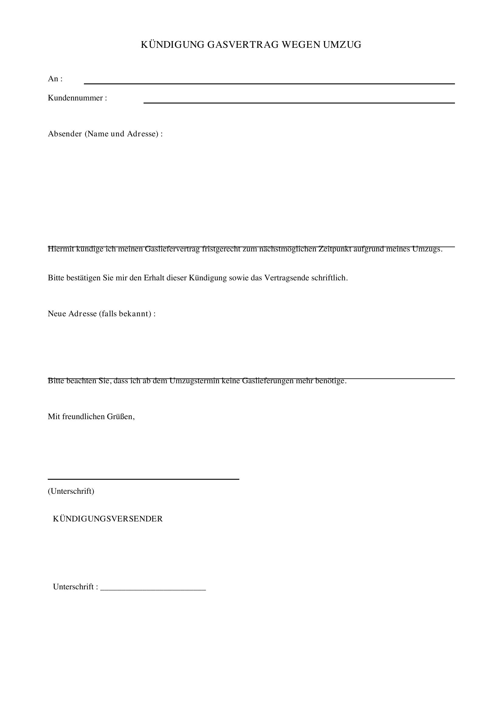 Kündigung Gas Wegen Umzug Muster