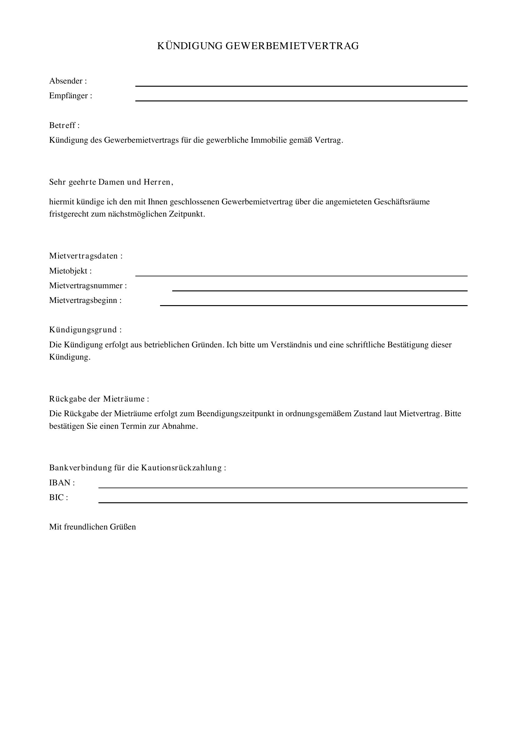 Kündigung Gewerbemietvertrag Vorlage