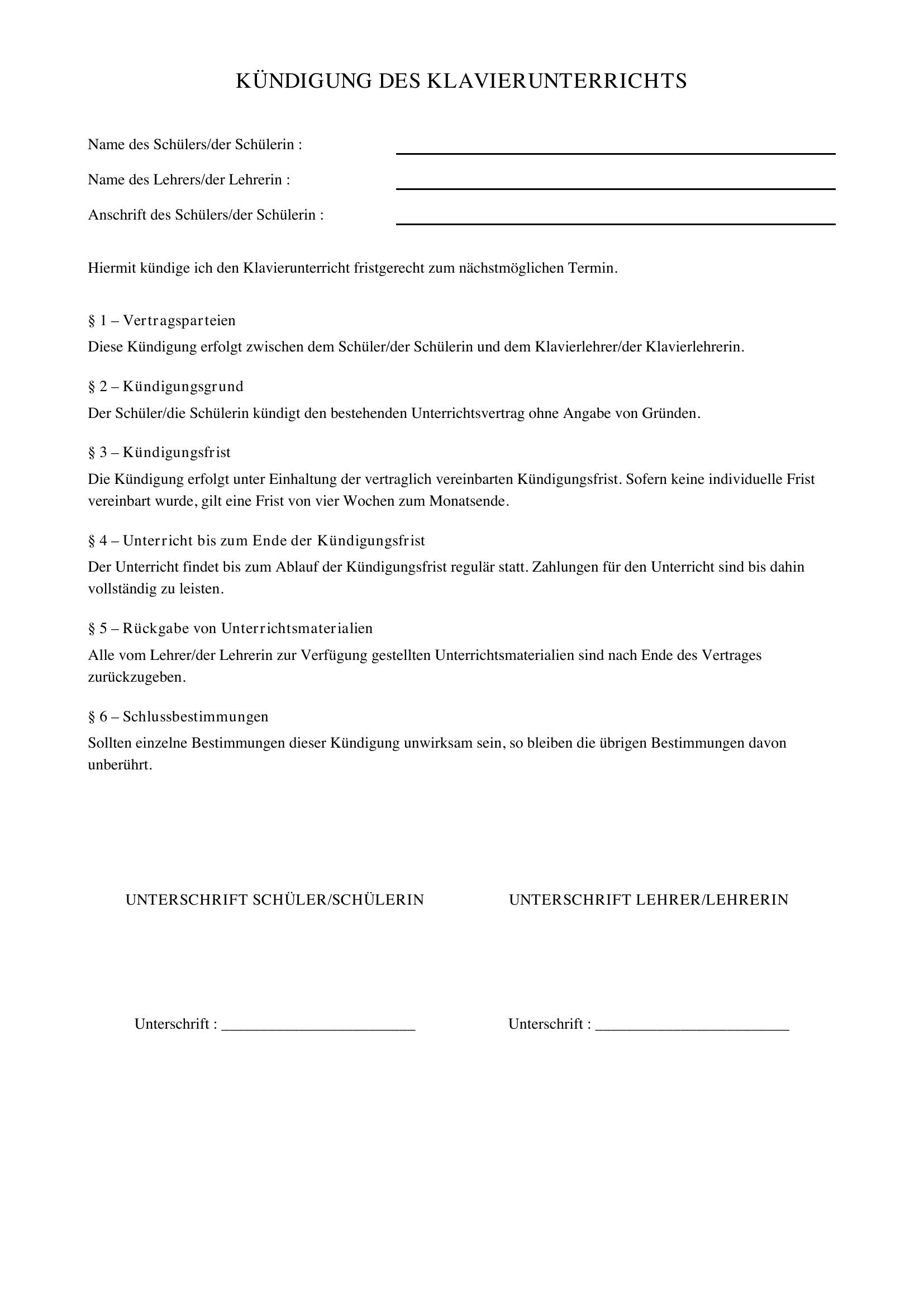 Kündigung Klavierunterricht
