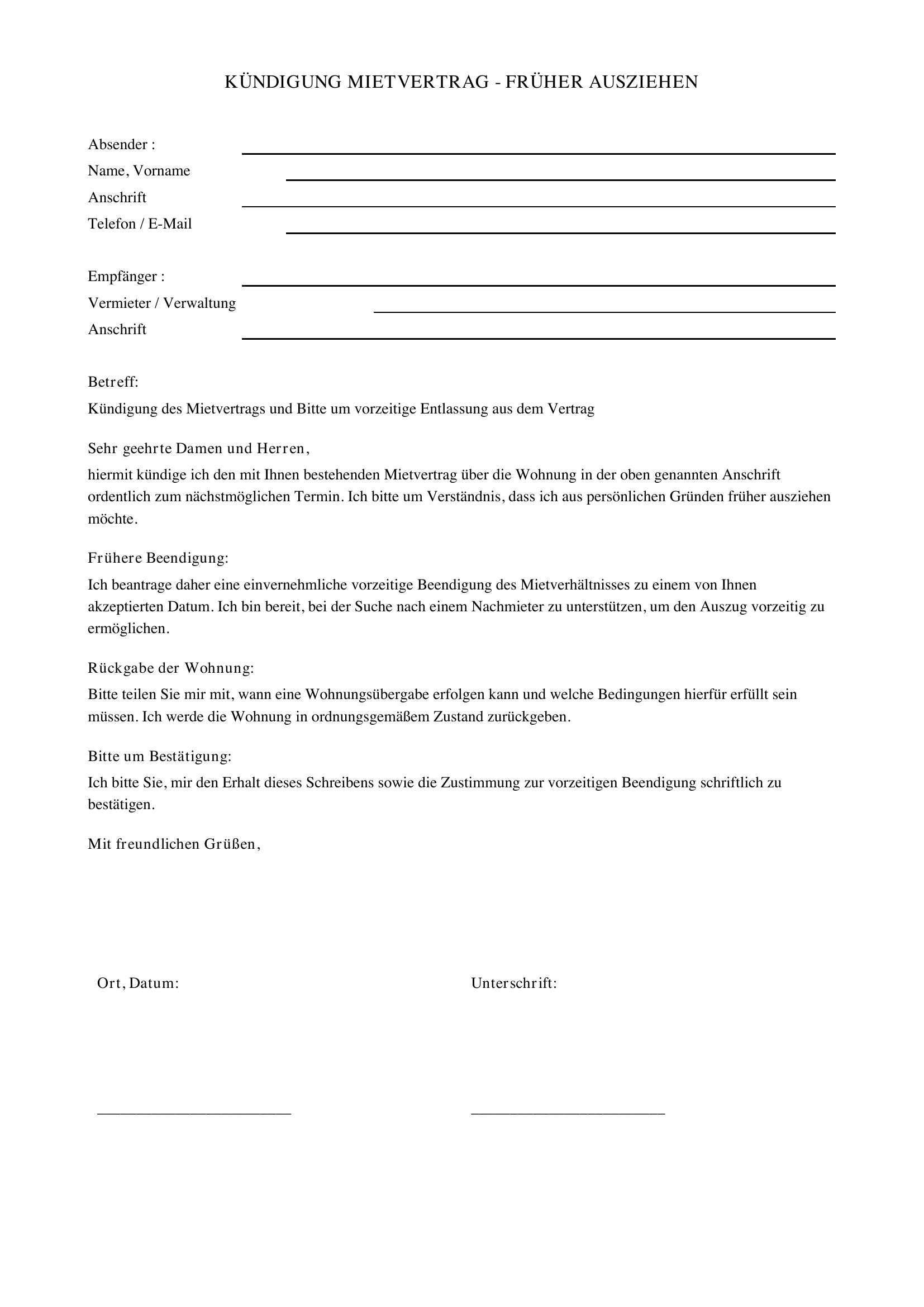 Kündigung Mietvertrag Früher Ausziehen Muster