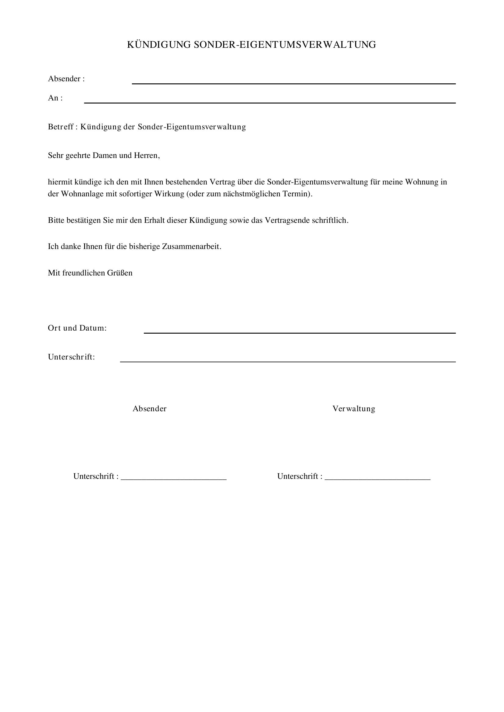 Kündigung Sondereigentumsverwaltung Muster