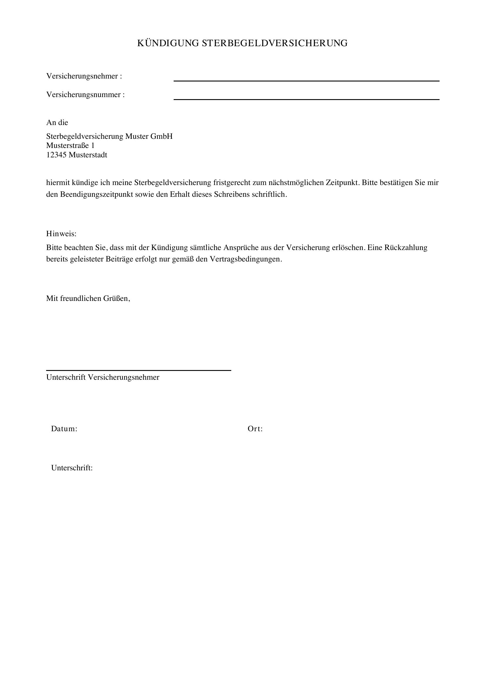 Kündigung Sterbegeldversicherung Muster
