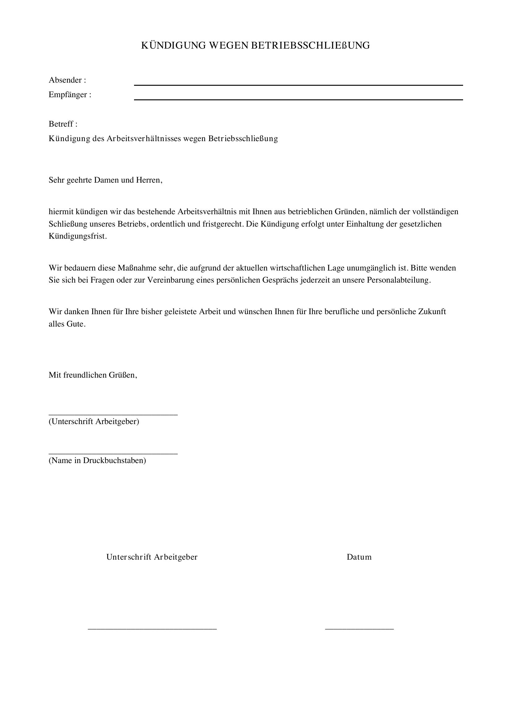 Kündigung Wegen Betriebsschließung Muster