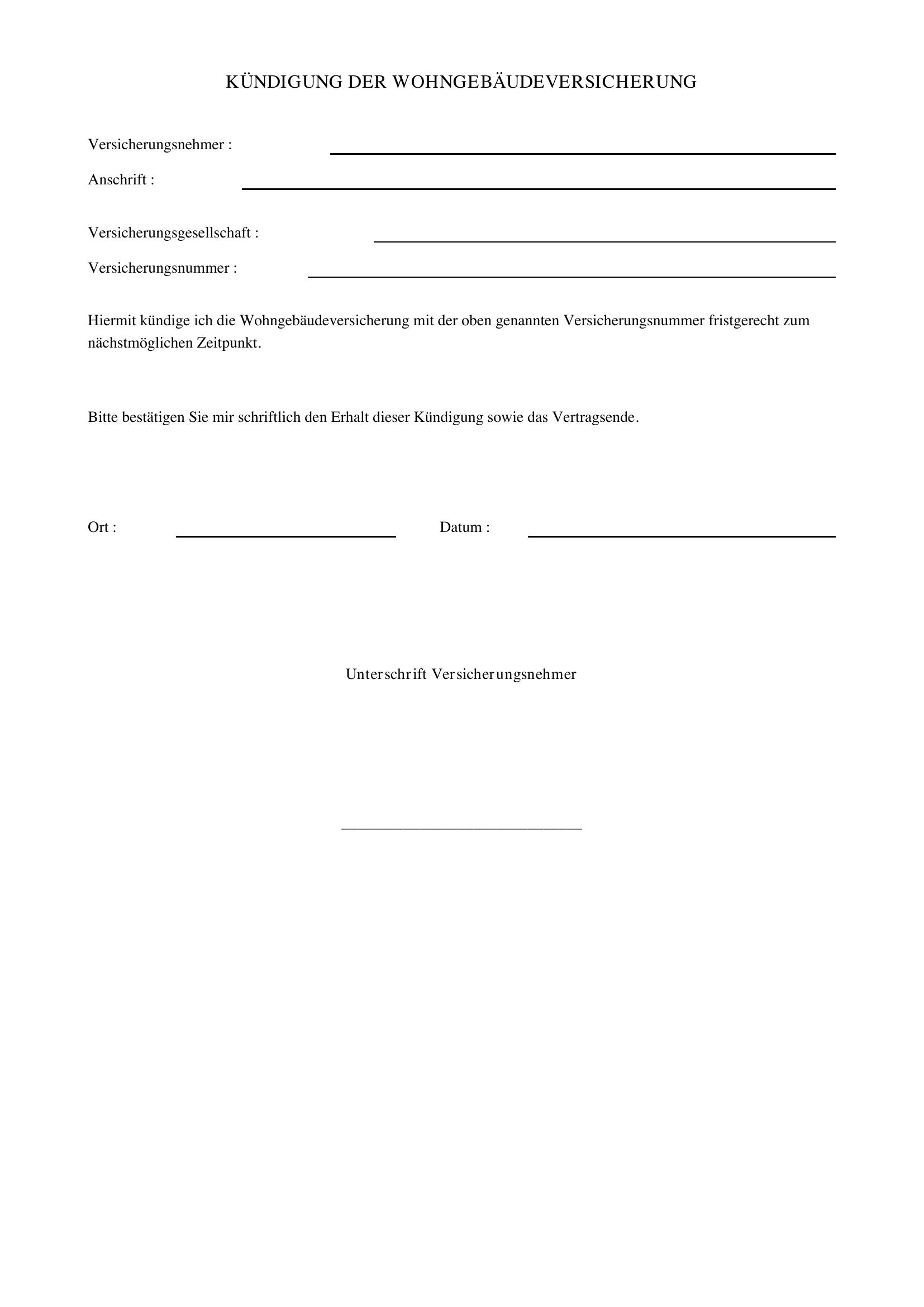 Kündigung Wohngebäudeversicherung Vorlage