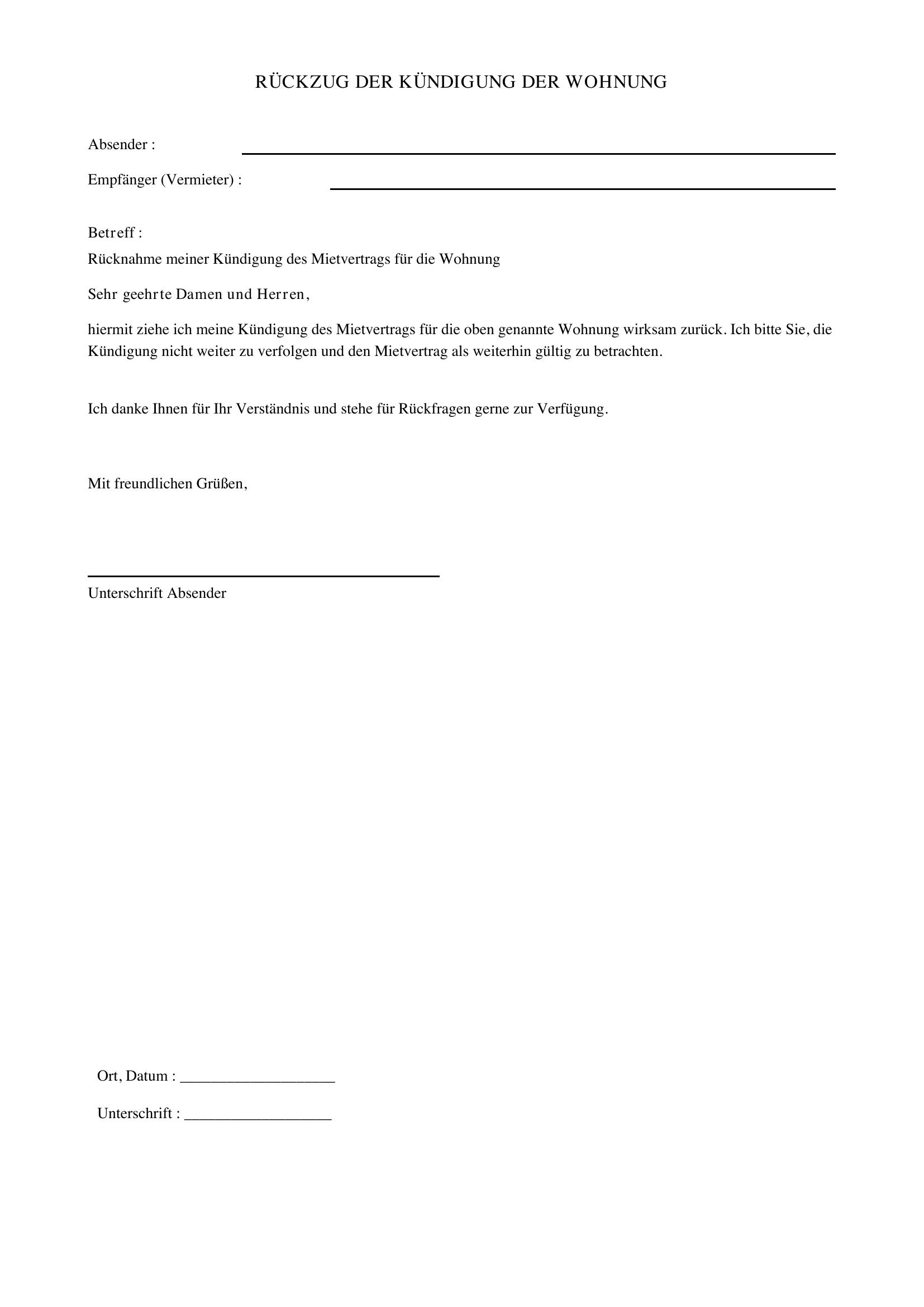 Kündigung Zurückziehen Wohnung Muster