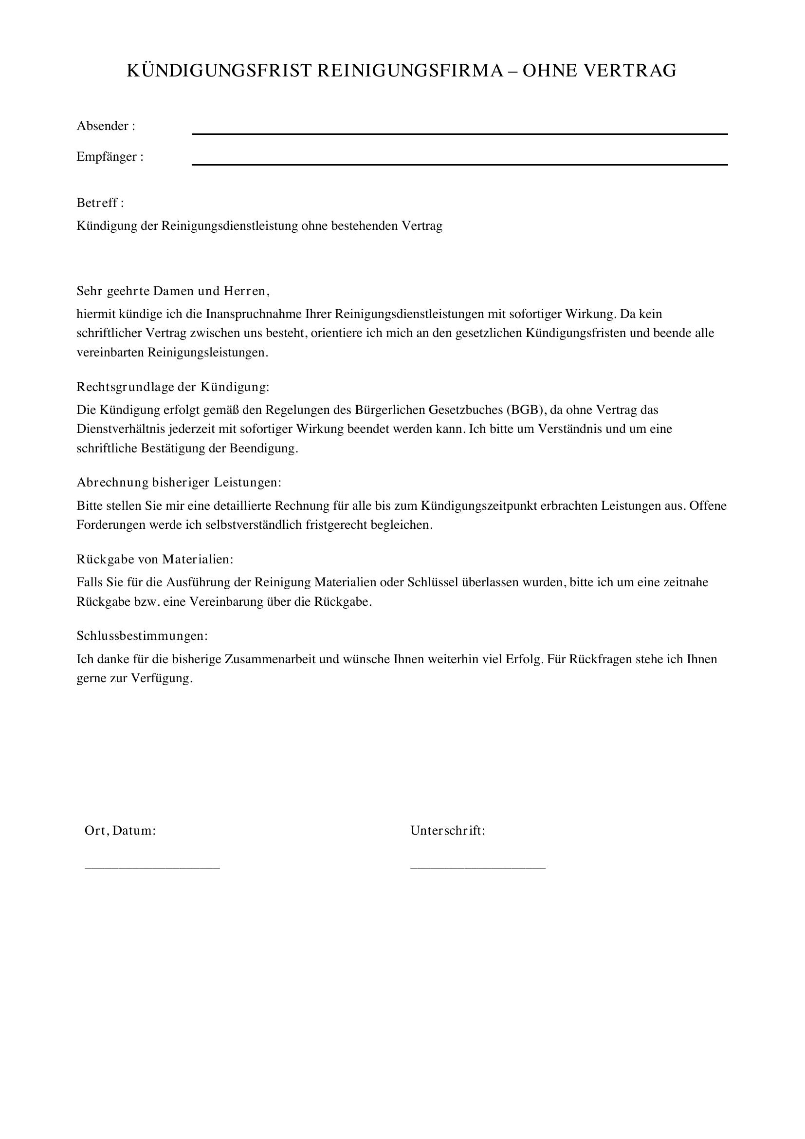 Kündigungsfrist Reinigungsfirma Ohne Vertrag