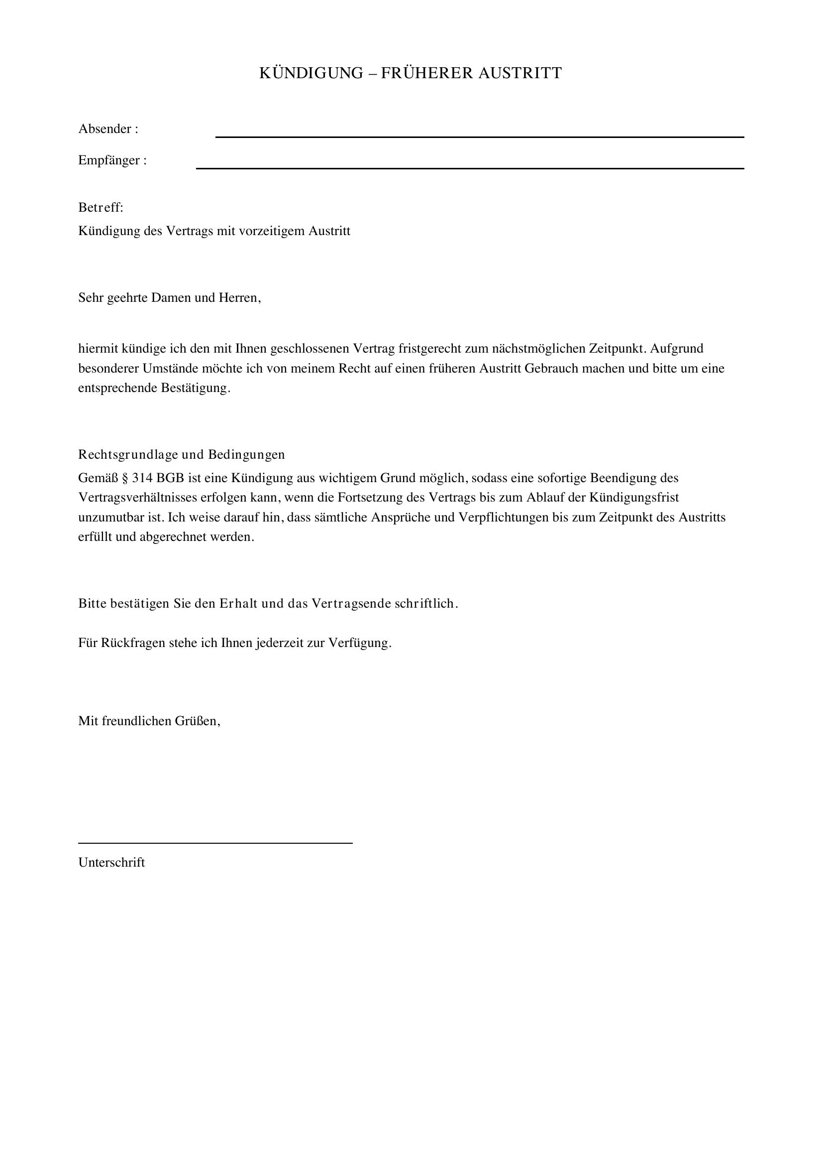 Kündigungsschreiben Früherer Austritt