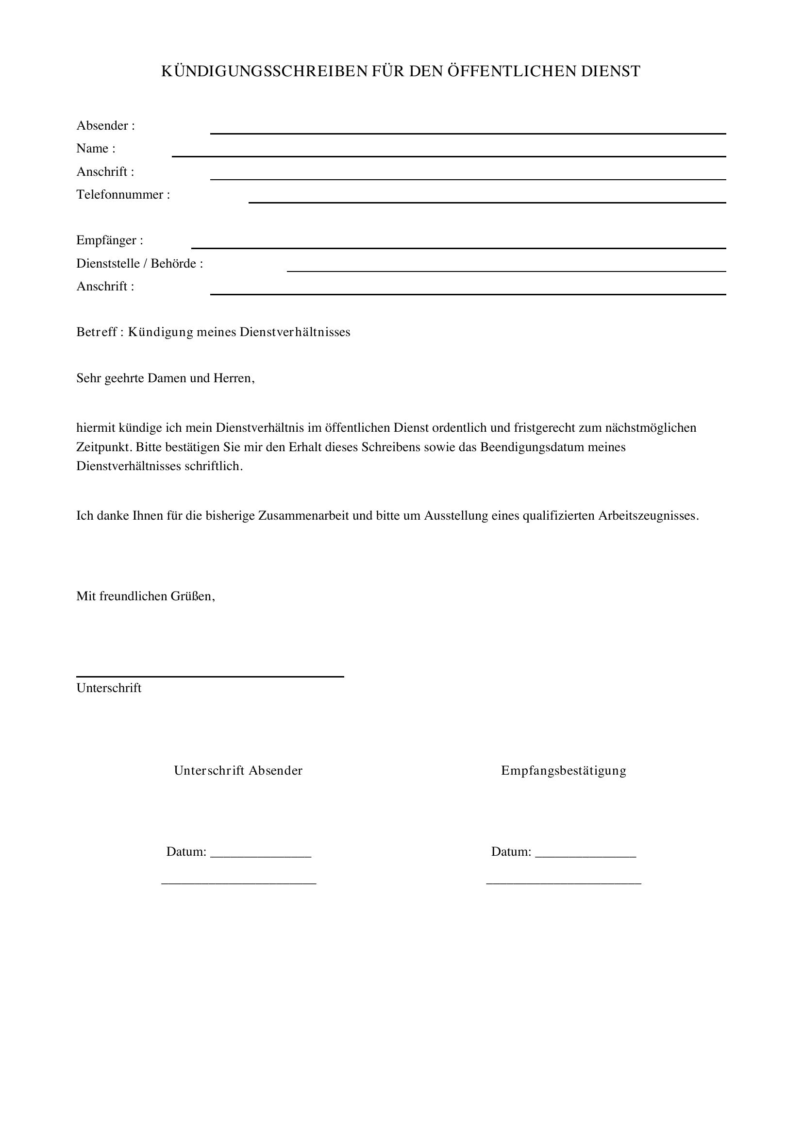 Kündigungsschreiben Öffentlicher Dienst
