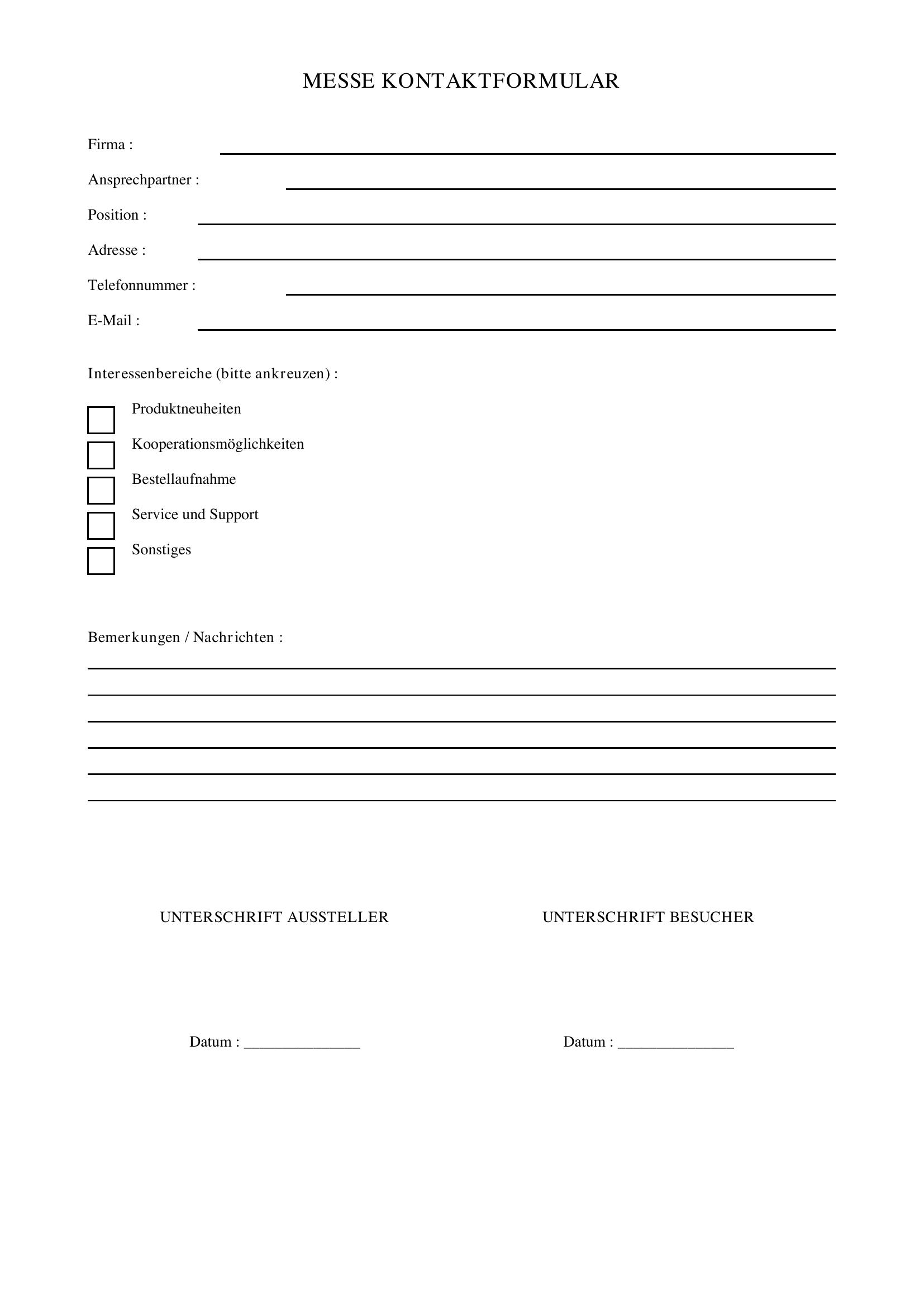 Messe Kontaktformular Vorlage