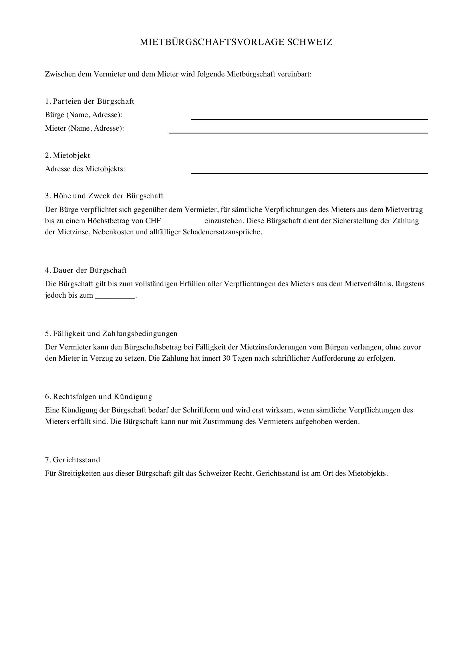 Mietbürgschaft Vorlage Schweiz