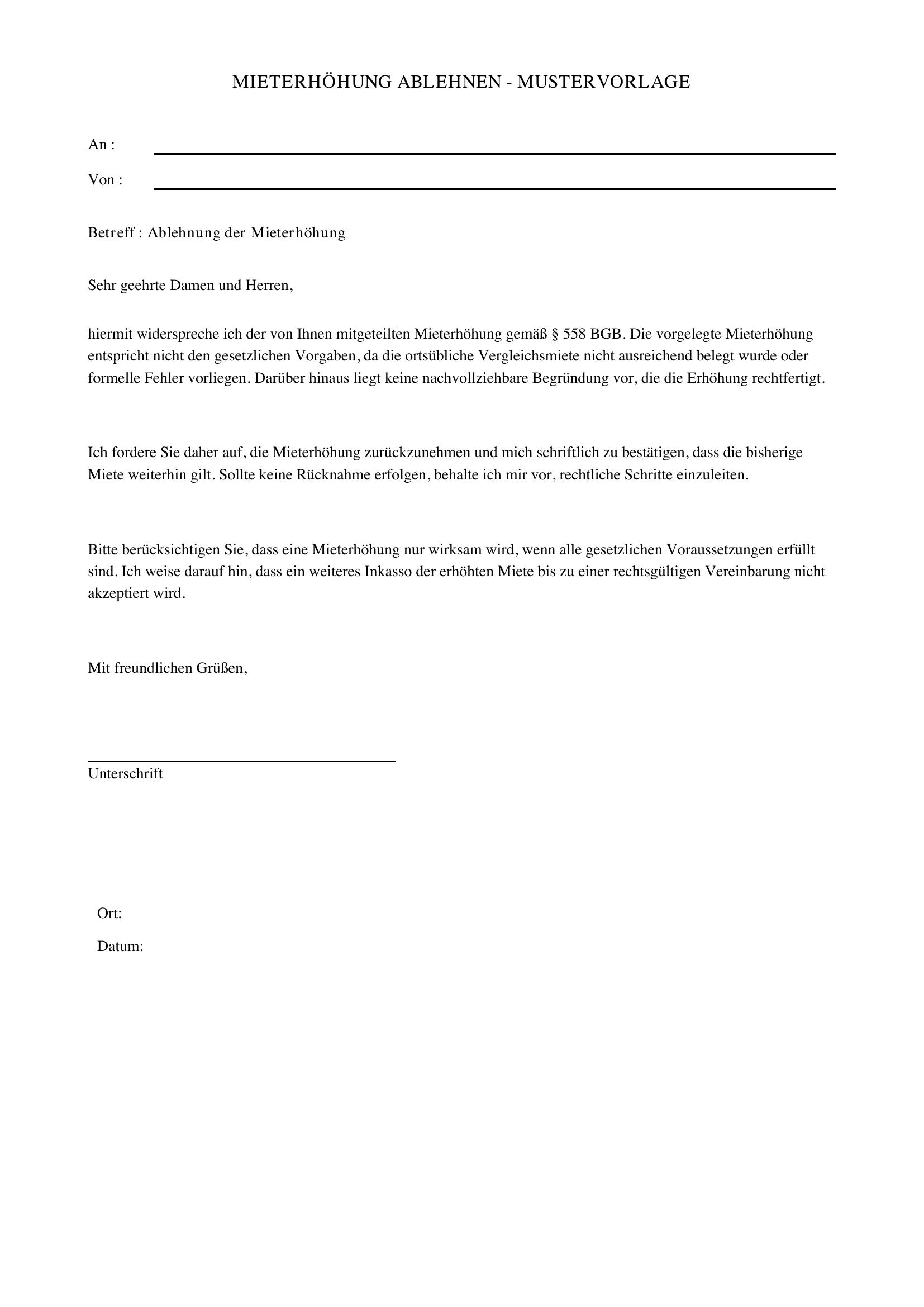 Mieterhöhung Ablehnen Muster