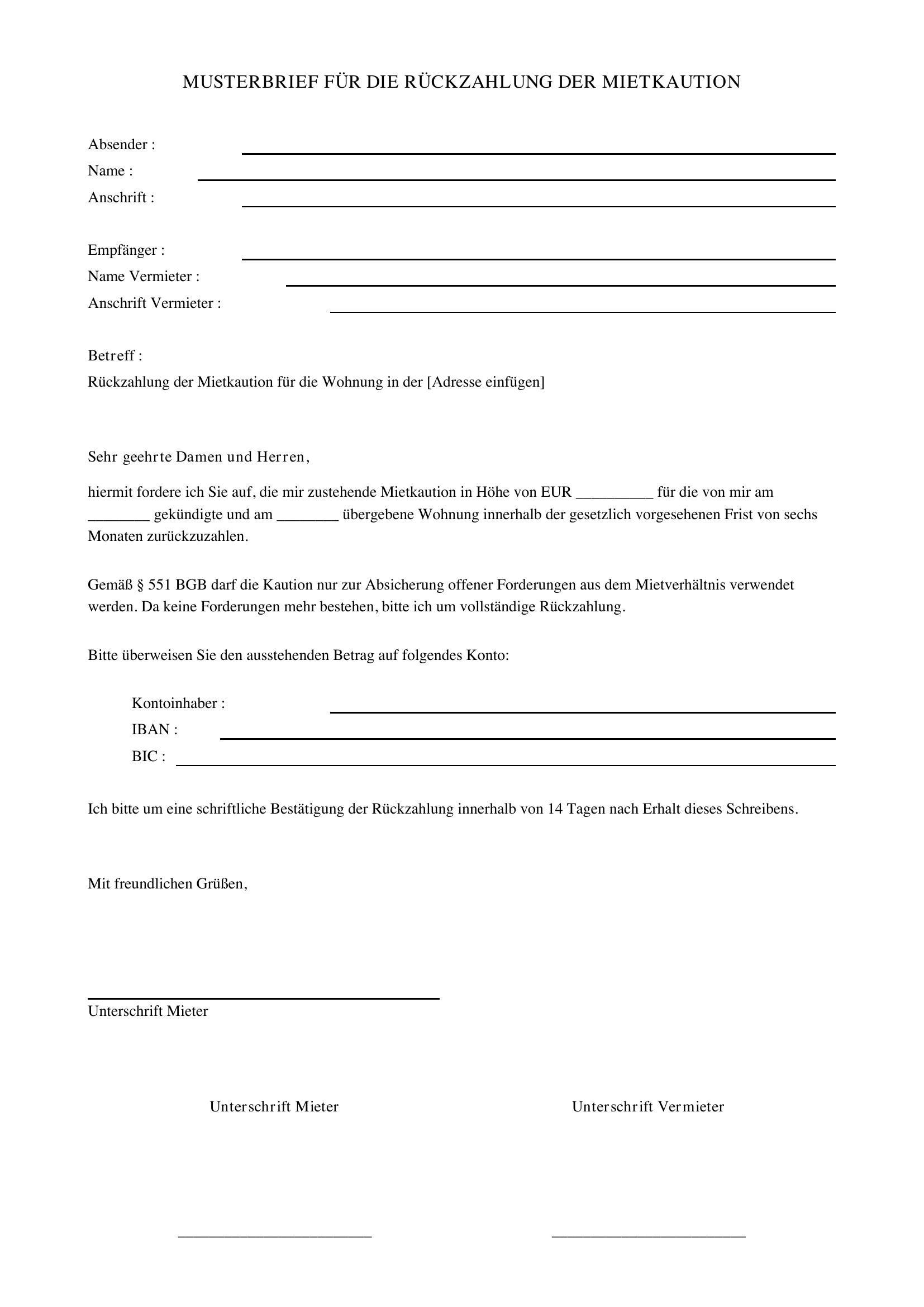 Mietkaution Rückzahlung Musterbrief Vermieter