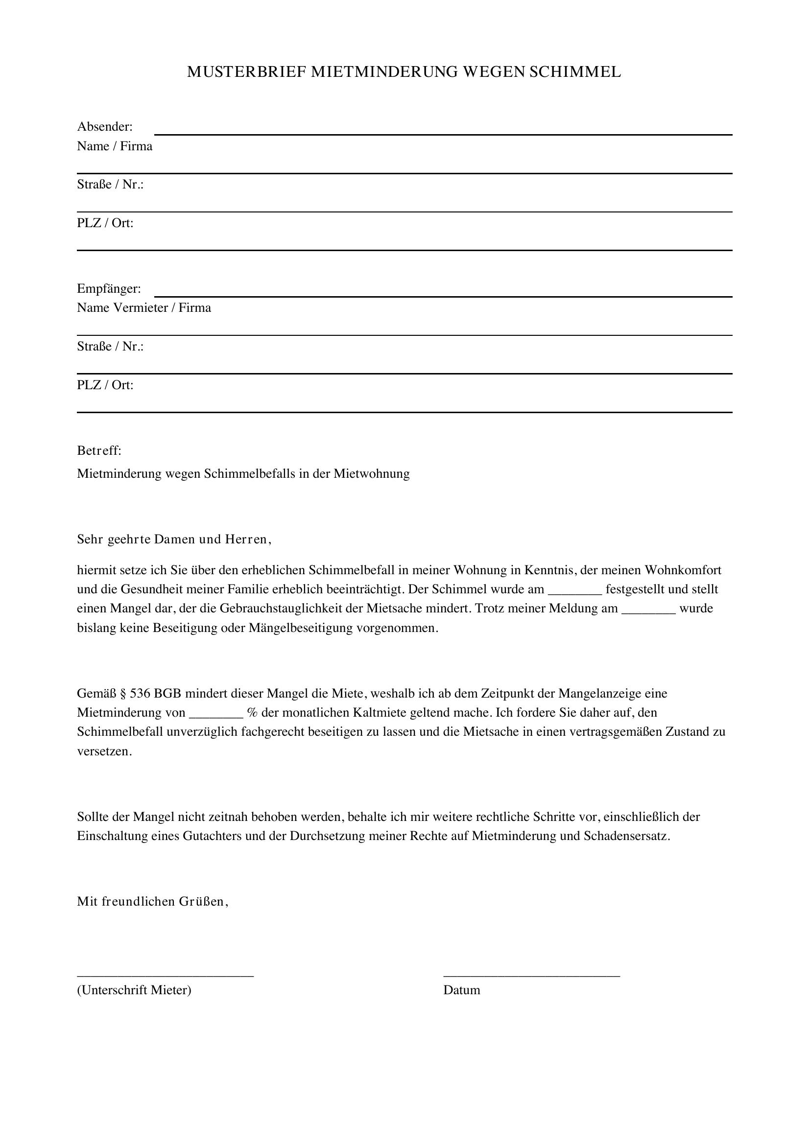 Mietminderung Wegen Schimmel Musterbrief