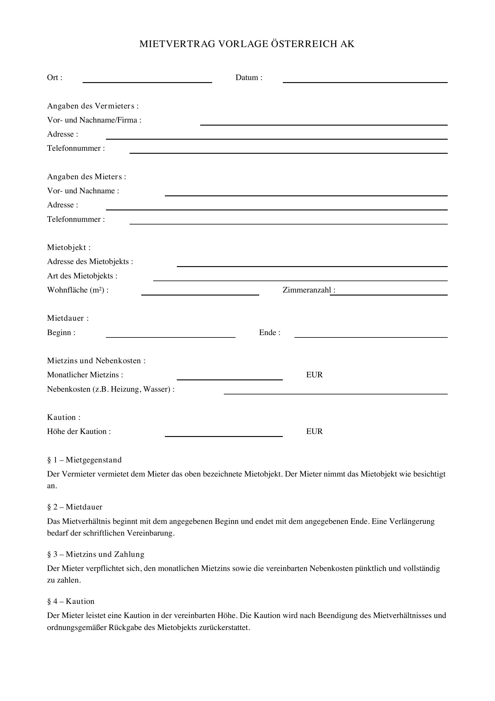 Mietvertrag Vorlage Österreich Ak