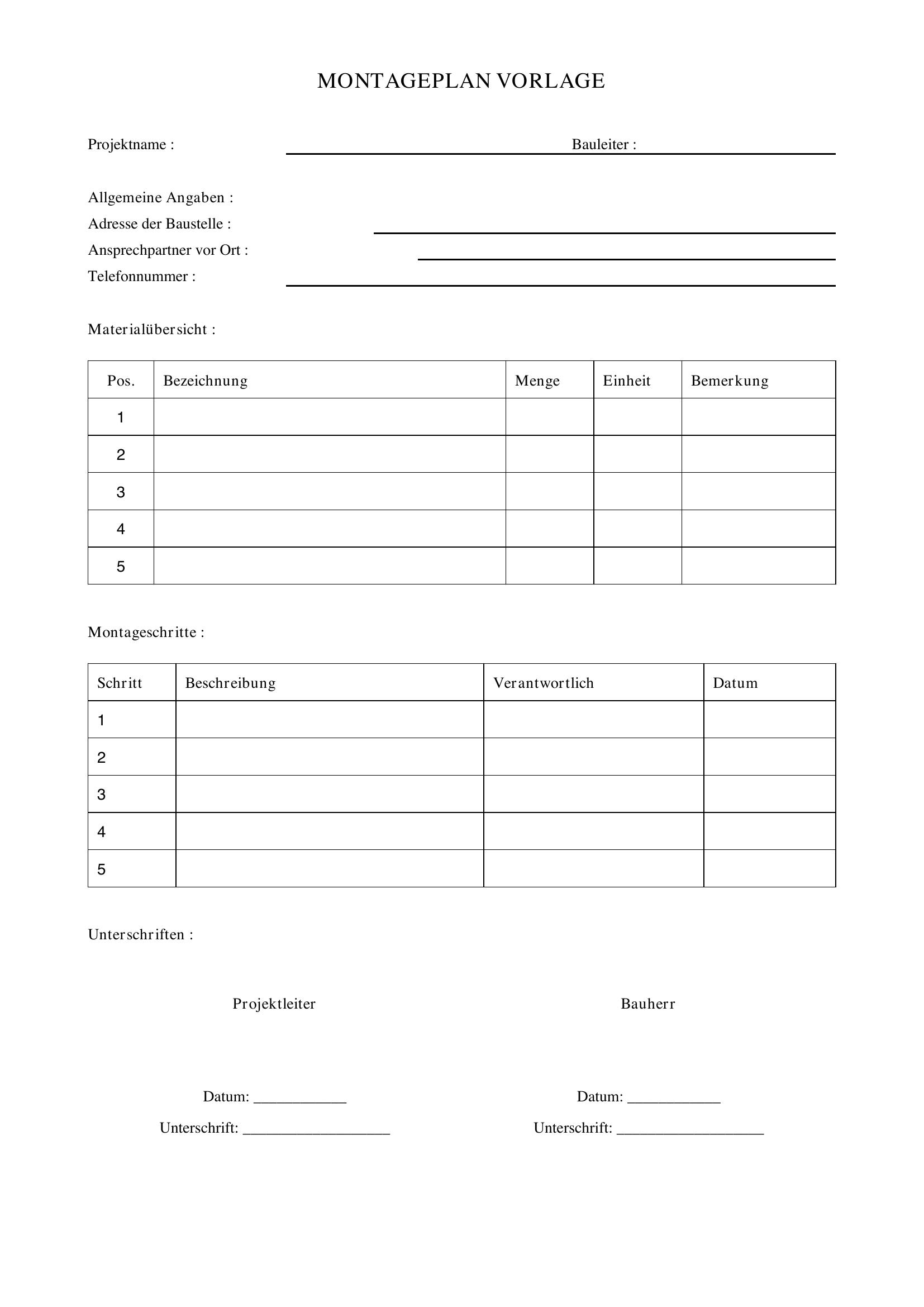 Montageplan Vorlage