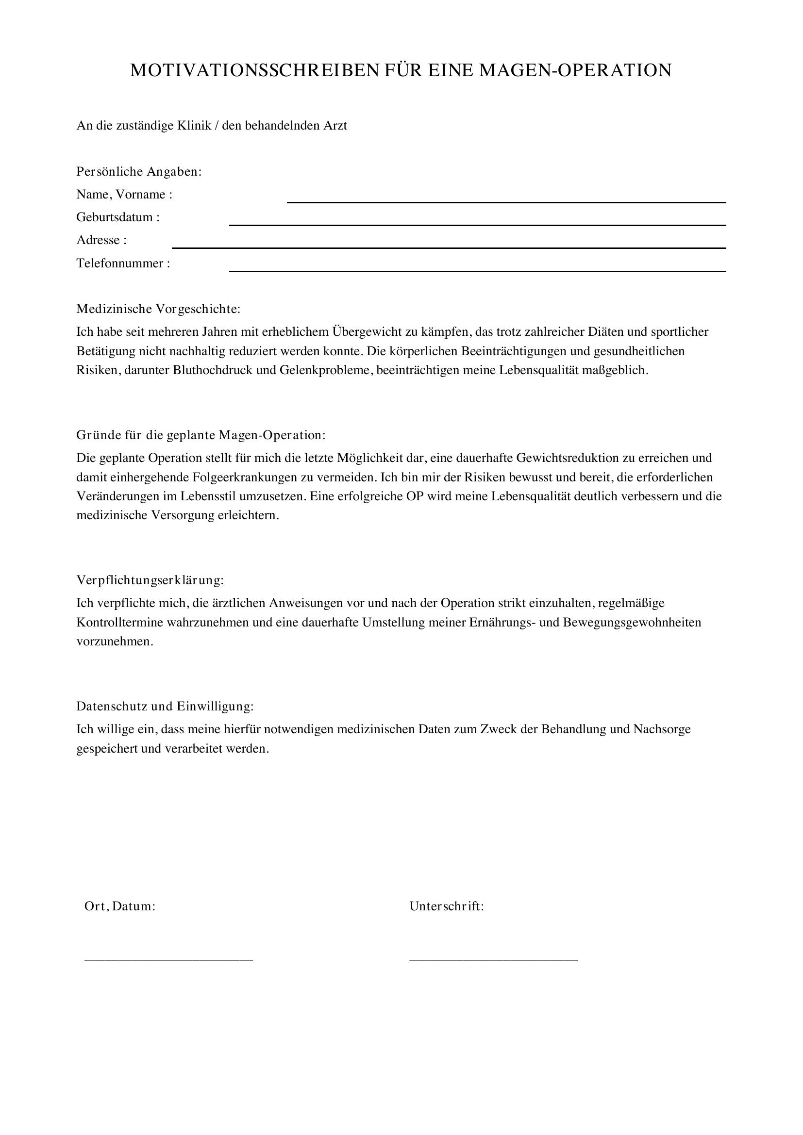 Motivationsschreiben Magen Op