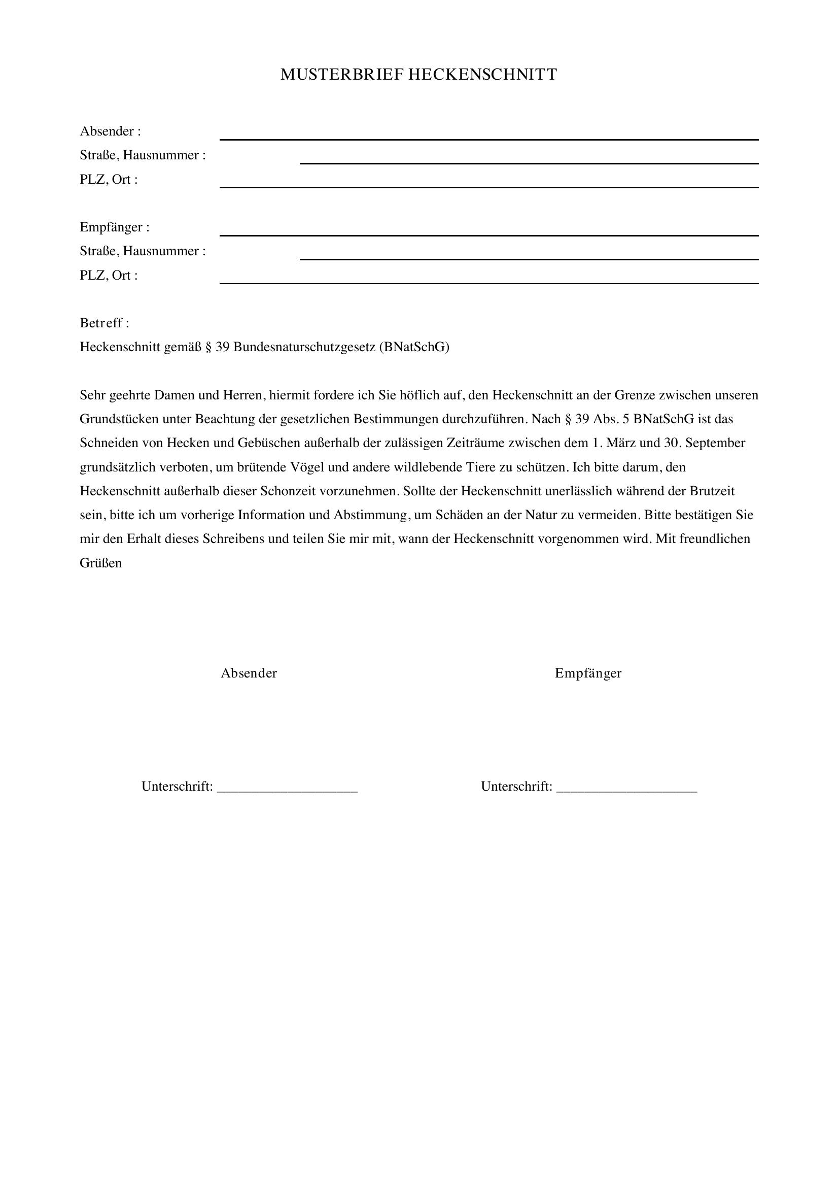 Musterbrief Heckenschnitt