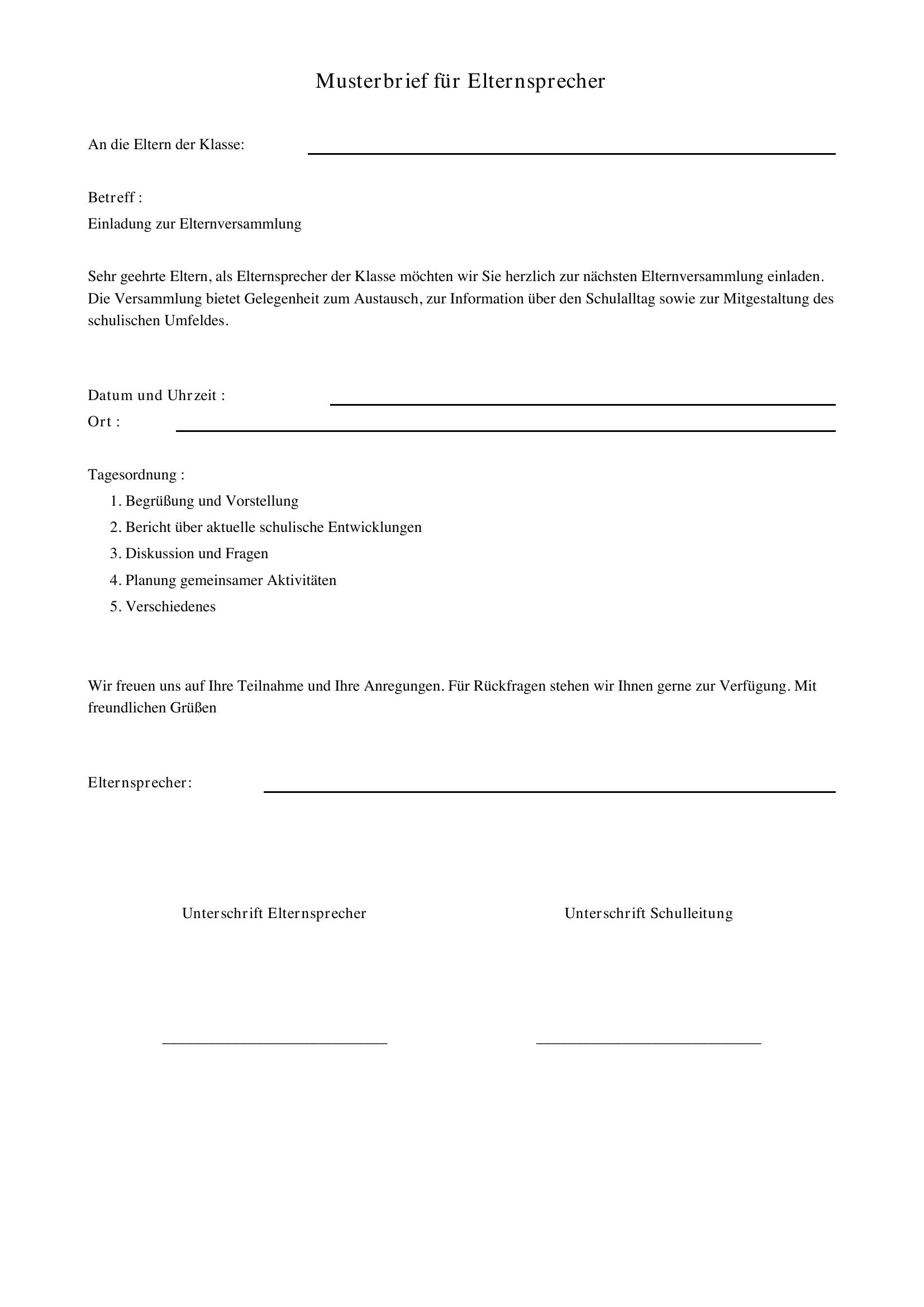 Musterbriefe Für Elternsprecher