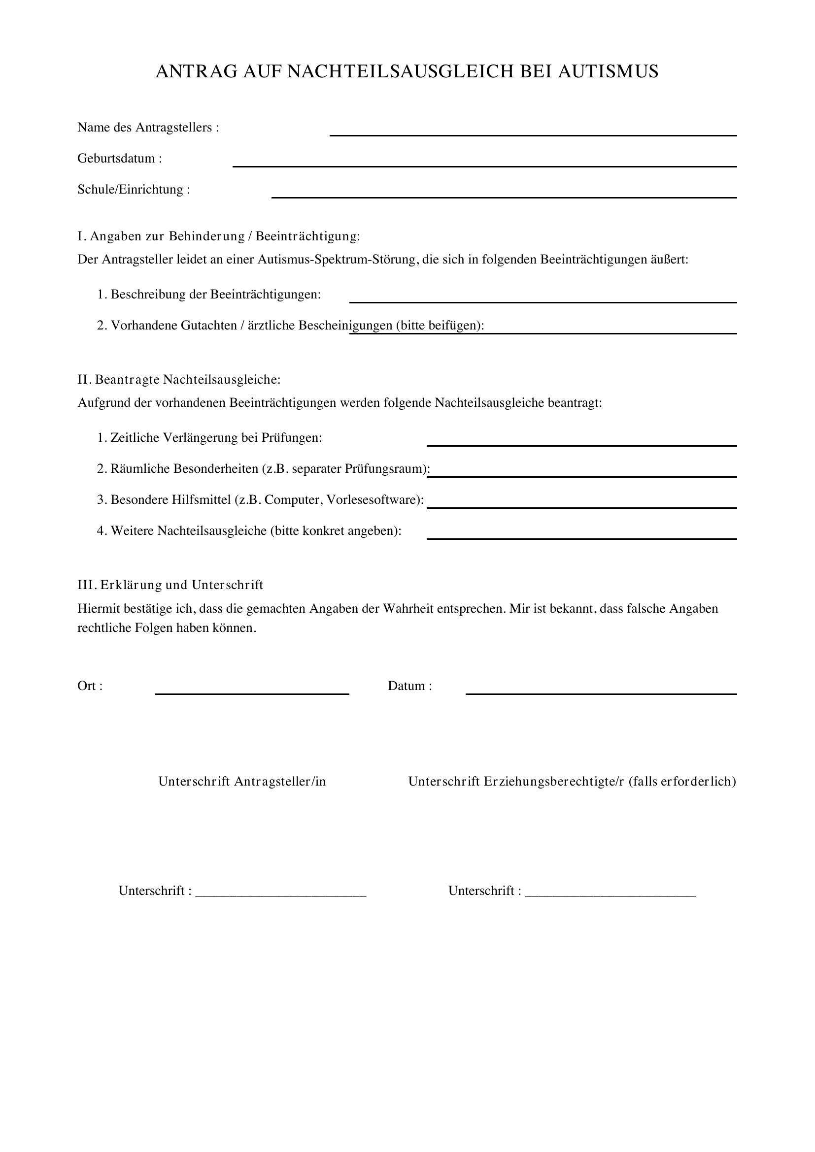 Nachteilsausgleich Autismus Vorlage