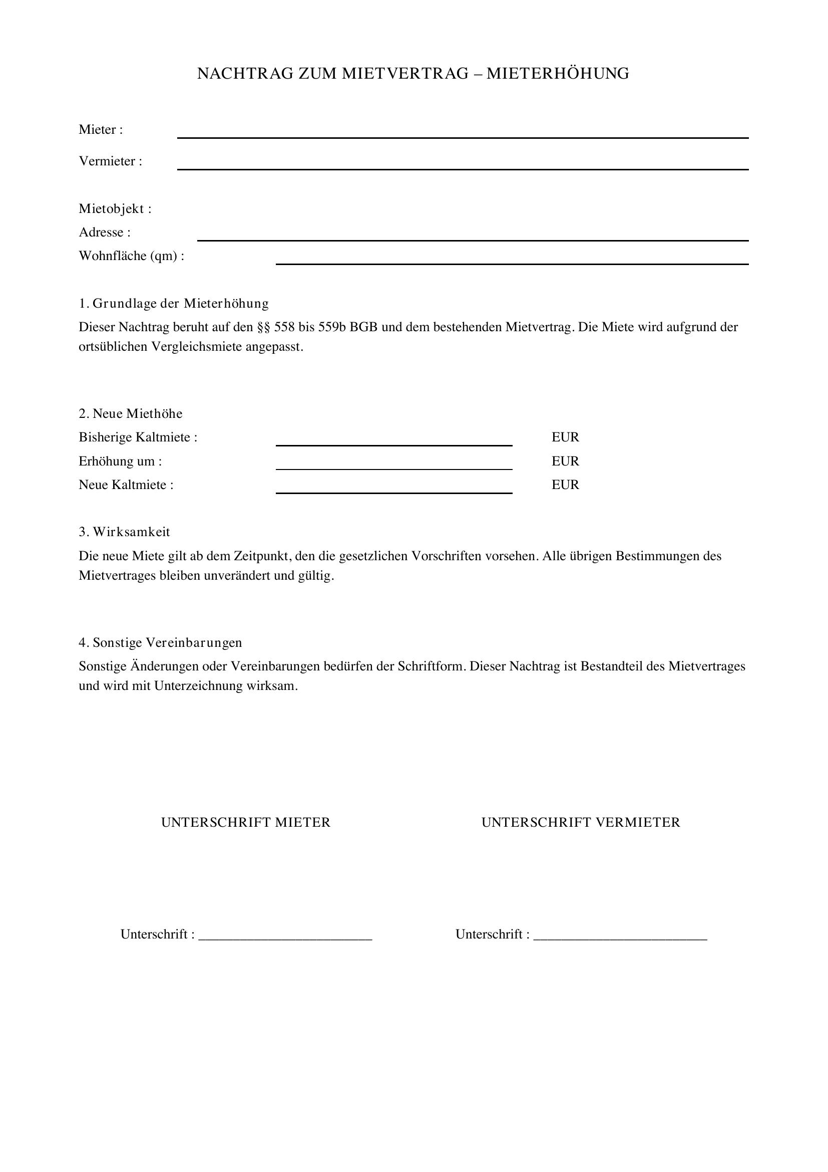 Nachtrag Zum Mietvertrag Mieterhöhung
