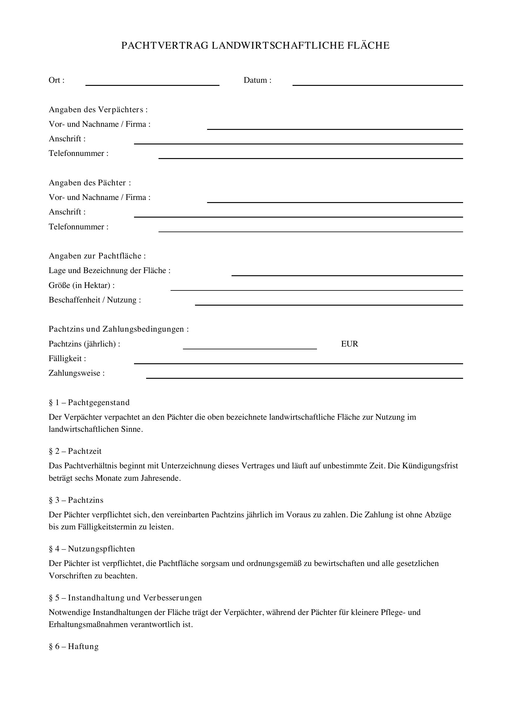 Pachtvertrag Landwirtschaft Vorlage