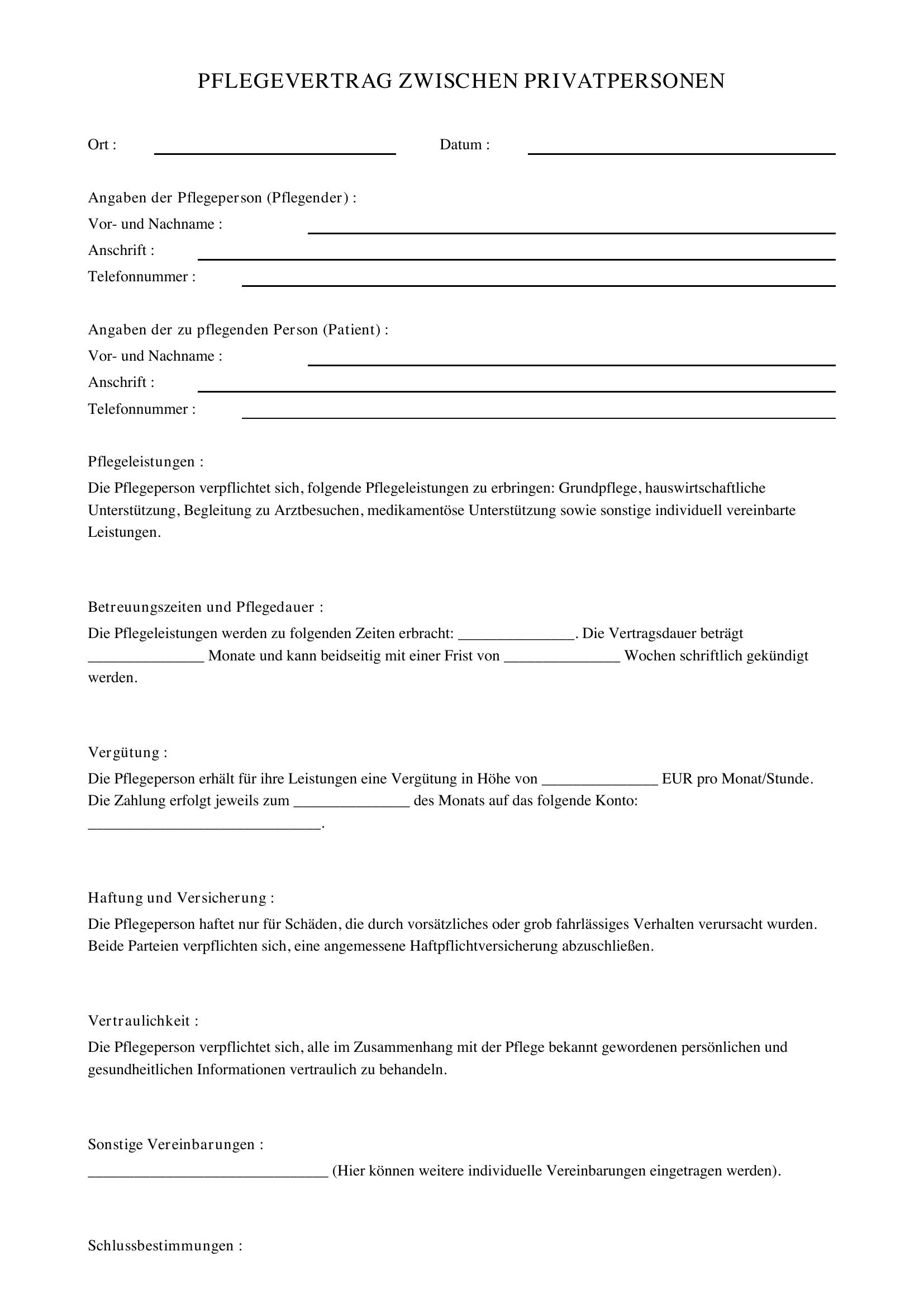 Pflegevertrag Zwischen Privatpersonen Muster