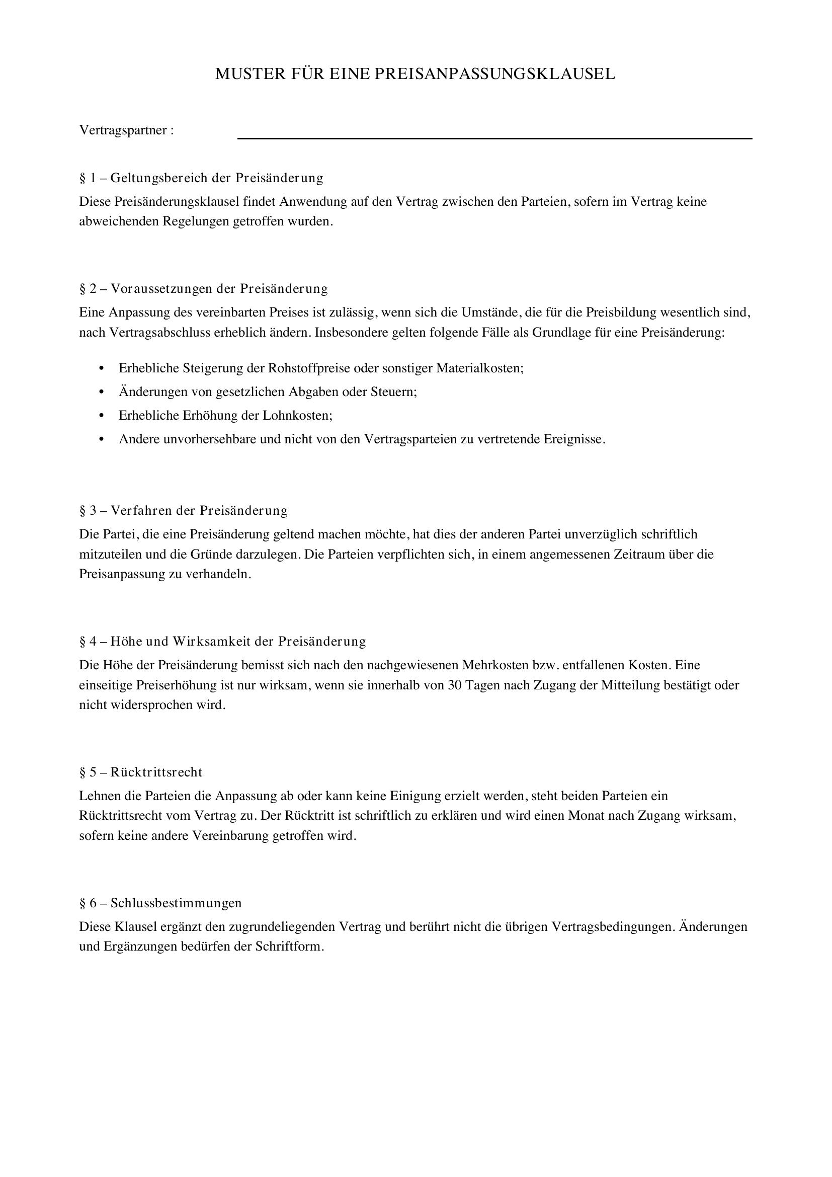 Preisanpassungsklausel Muster