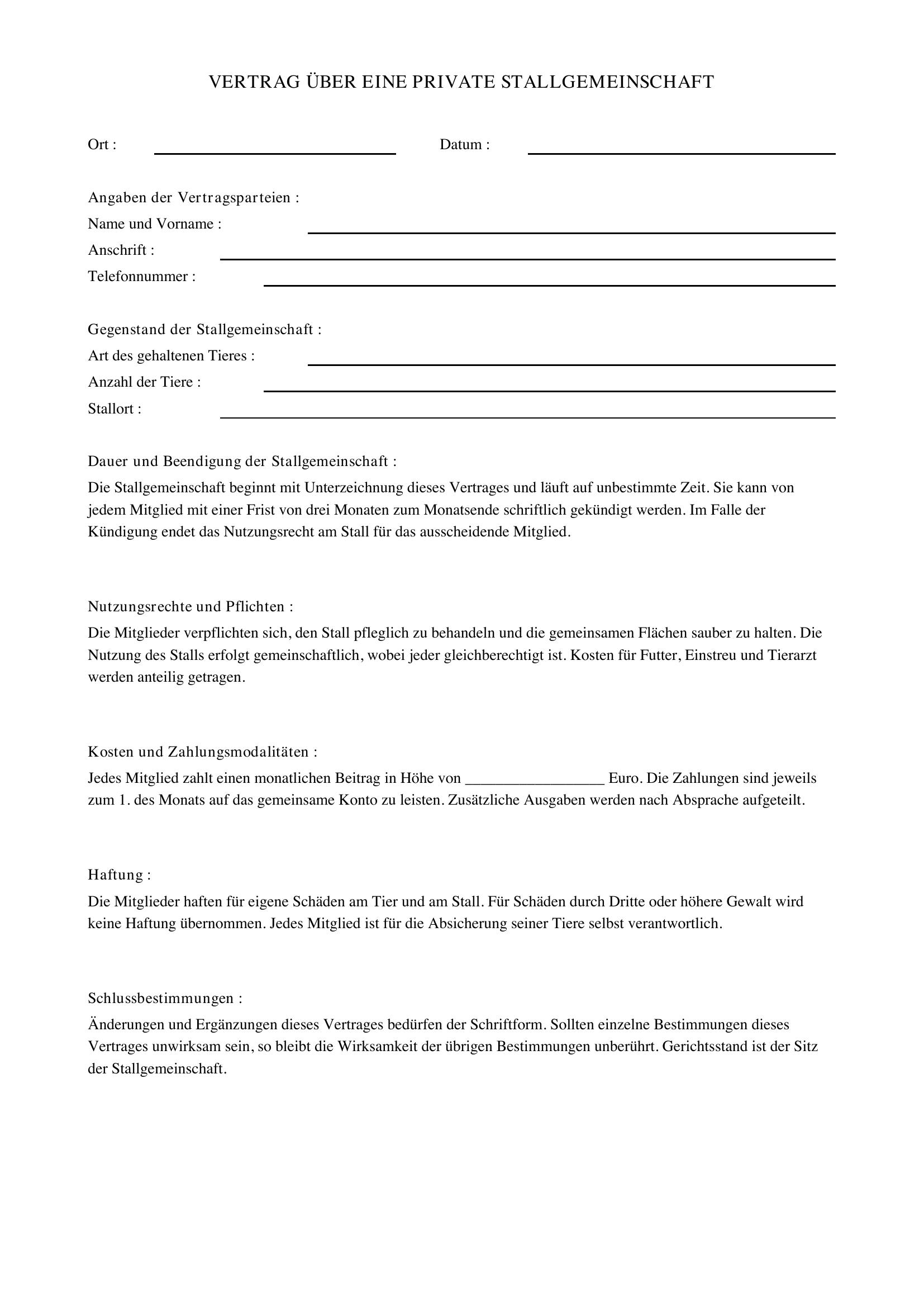 Private Stallgemeinschaft Vertrag