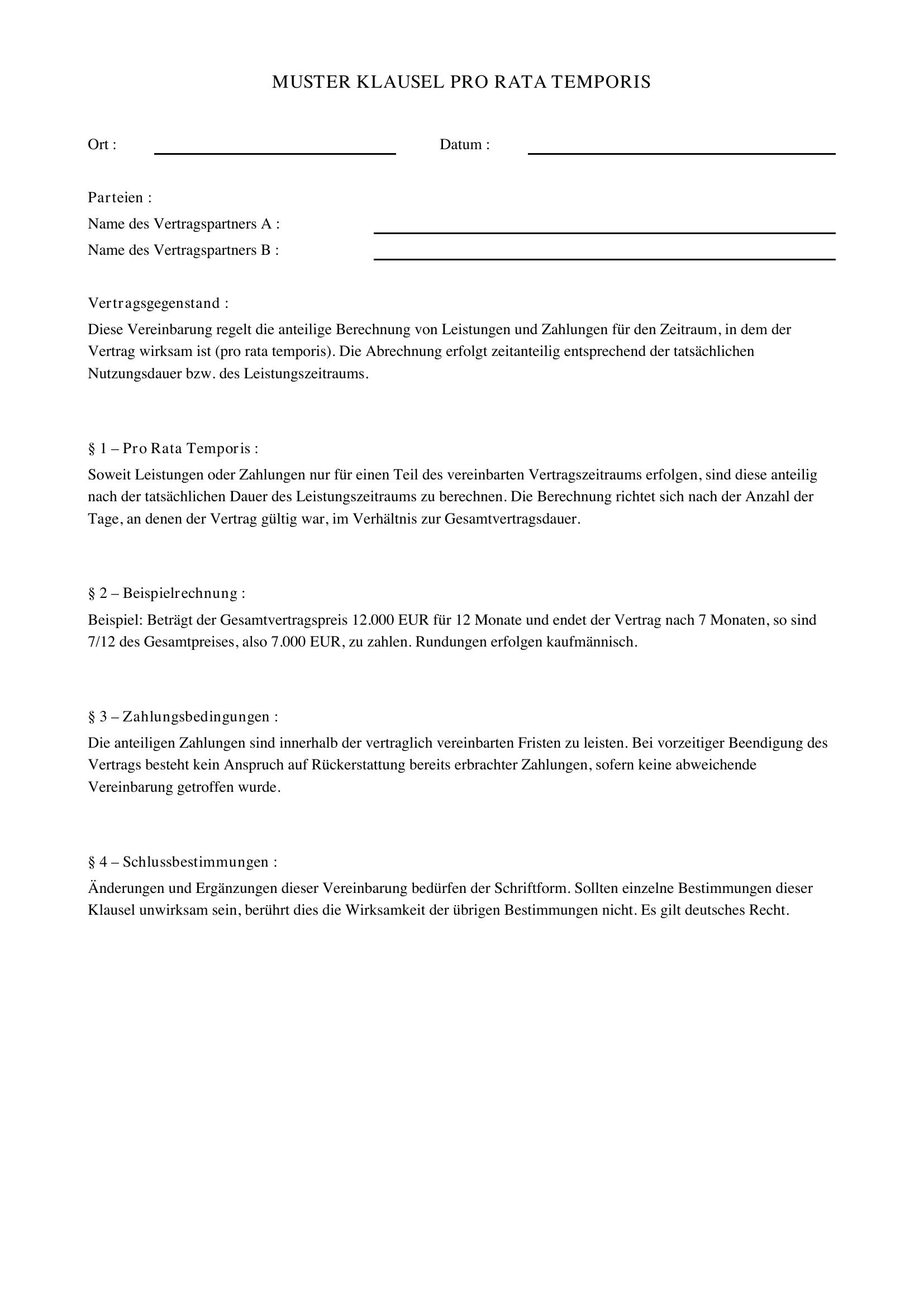 Pro Rata Temporis Klausel Formulierung Muster