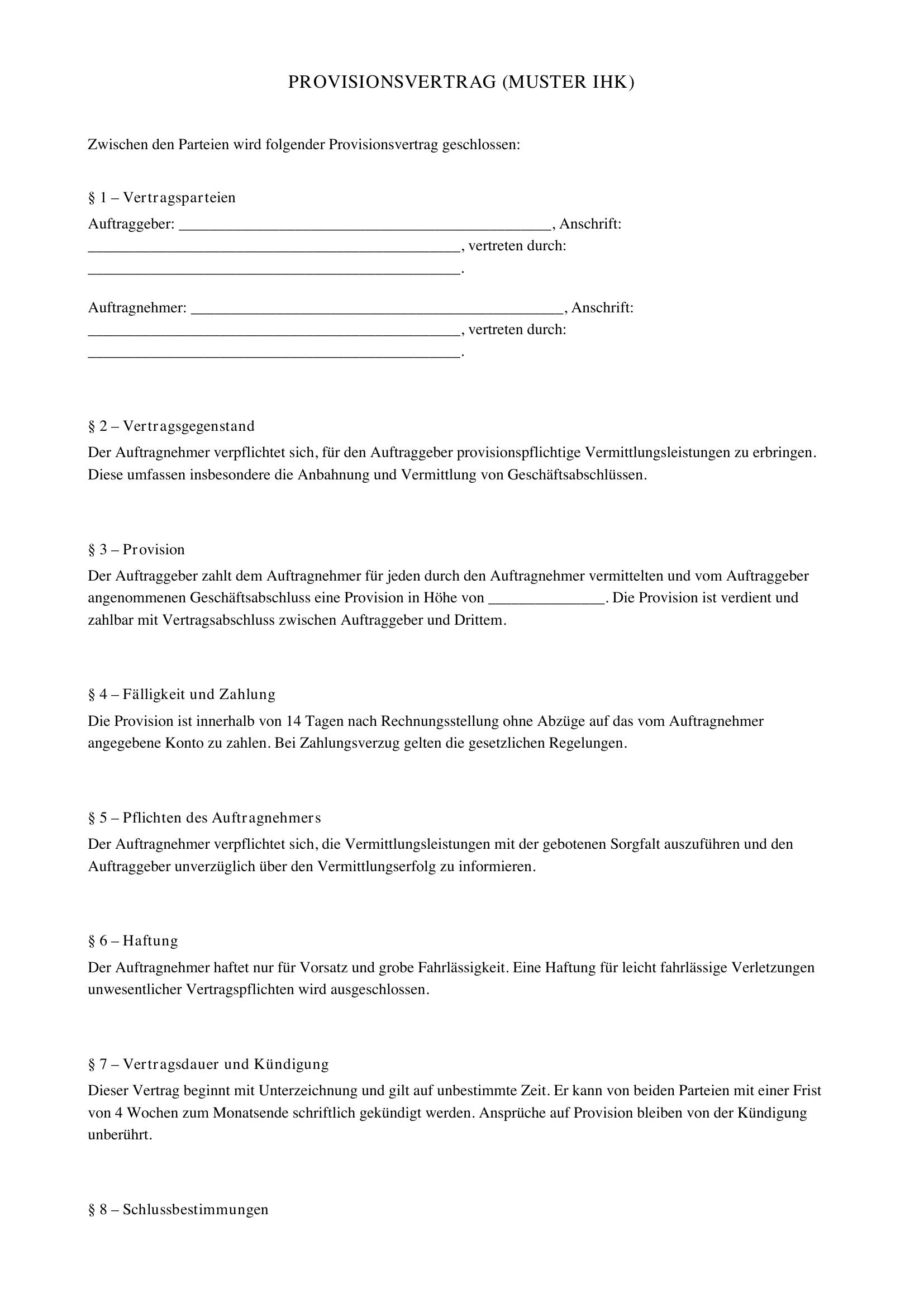 Provisionsvertrag Muster Ihk