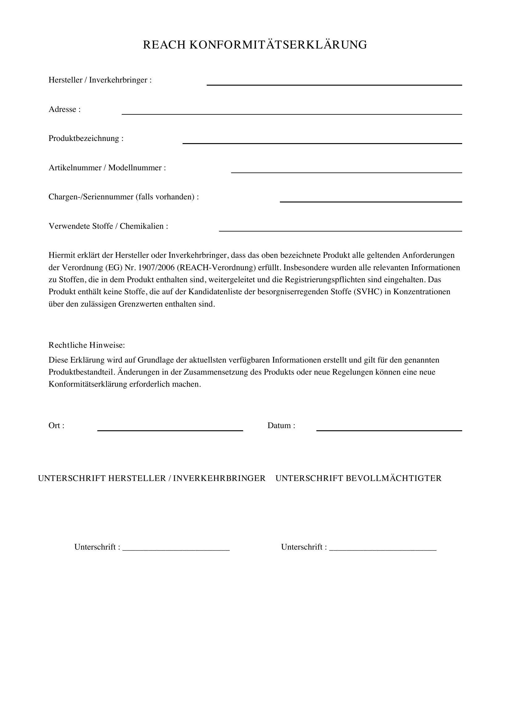 Reach Konformitätserklärung Vorlage