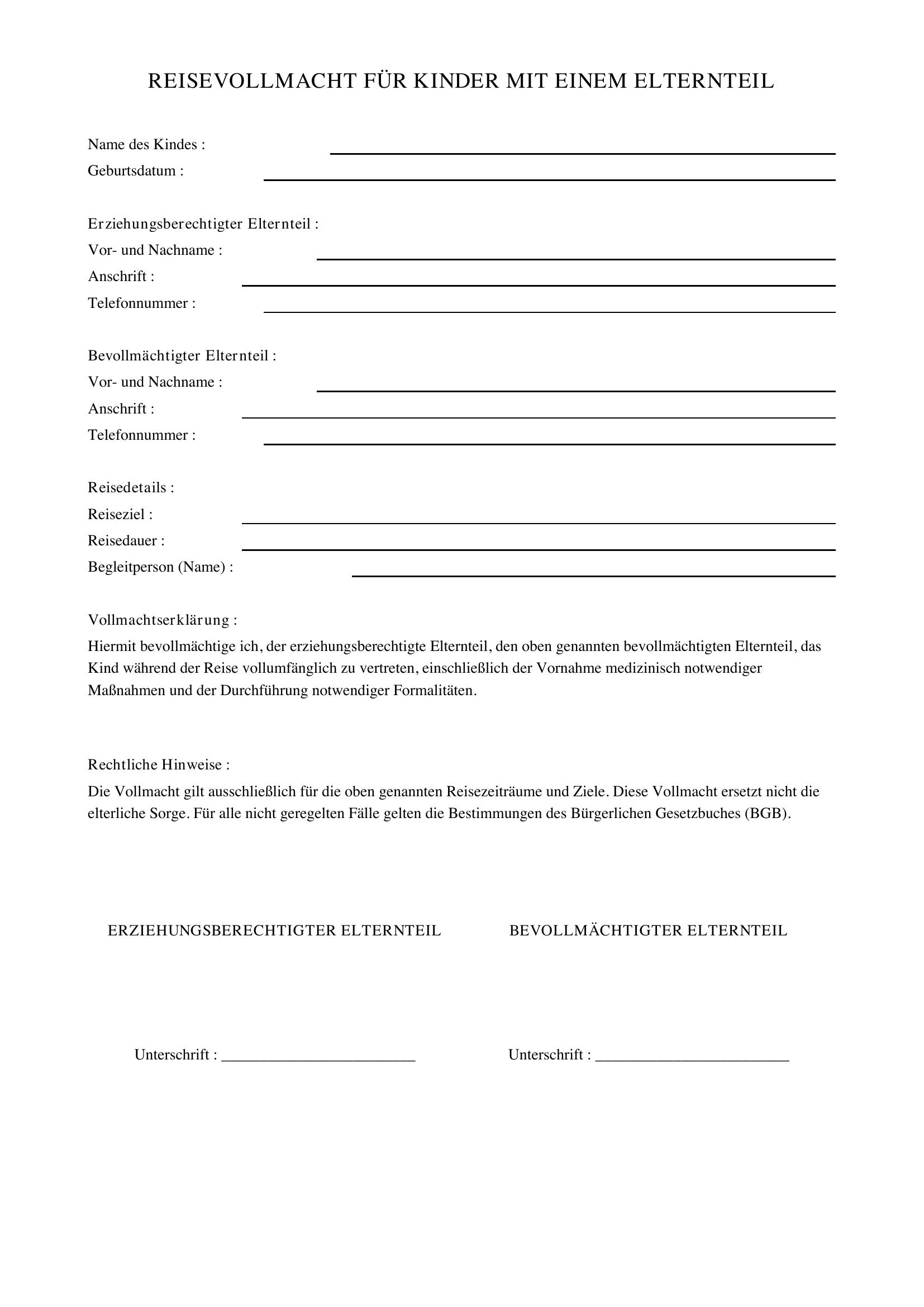 Reisevollmacht Kind Mit Einem Elternteil Vorlage