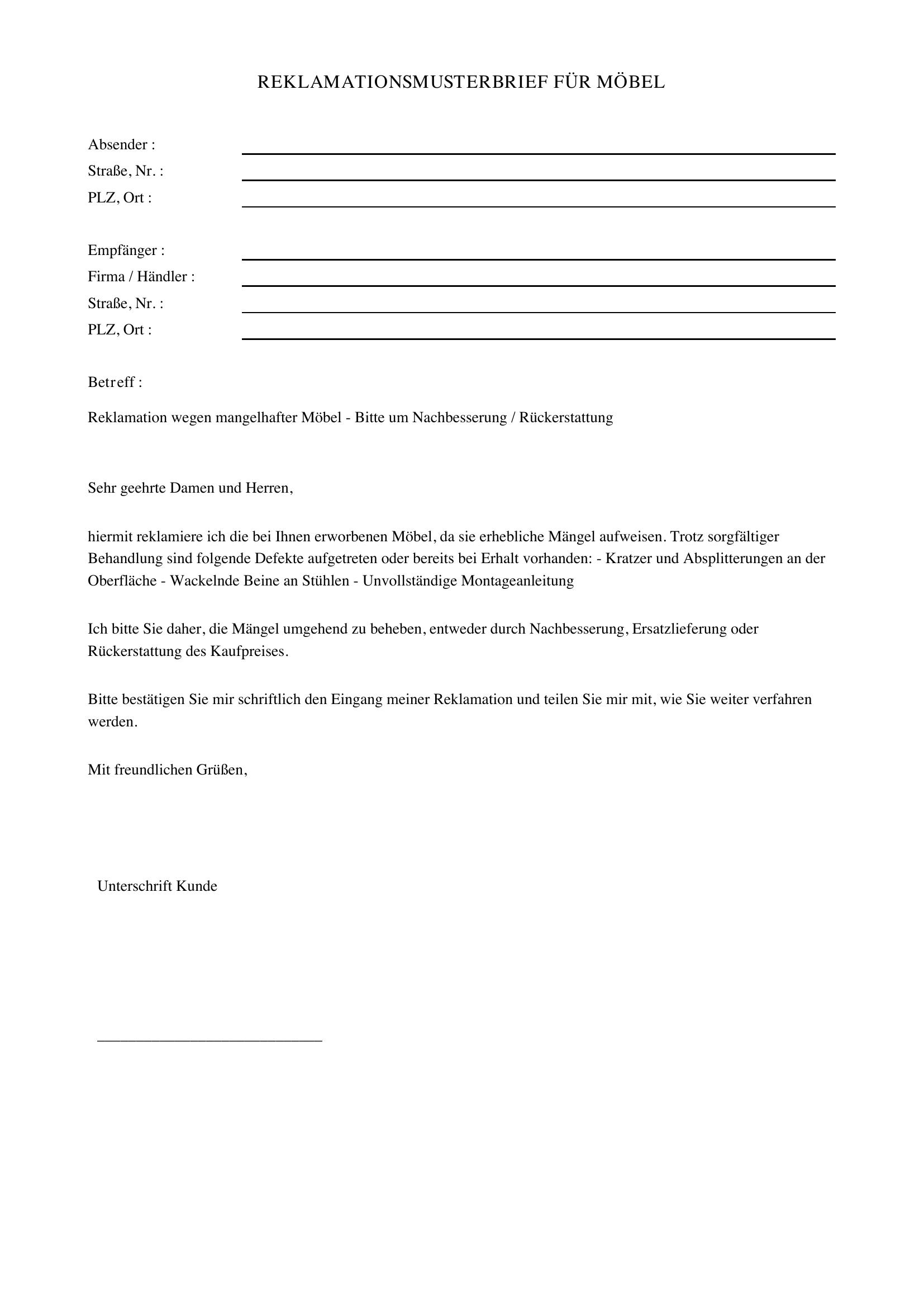 Reklamation Musterbrief Möbel