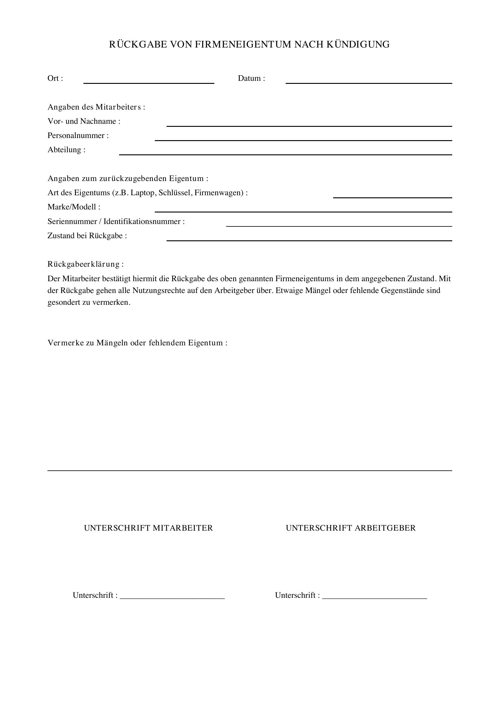 Rückgabe Firmeneigentum Nach Kündigung Vorlage