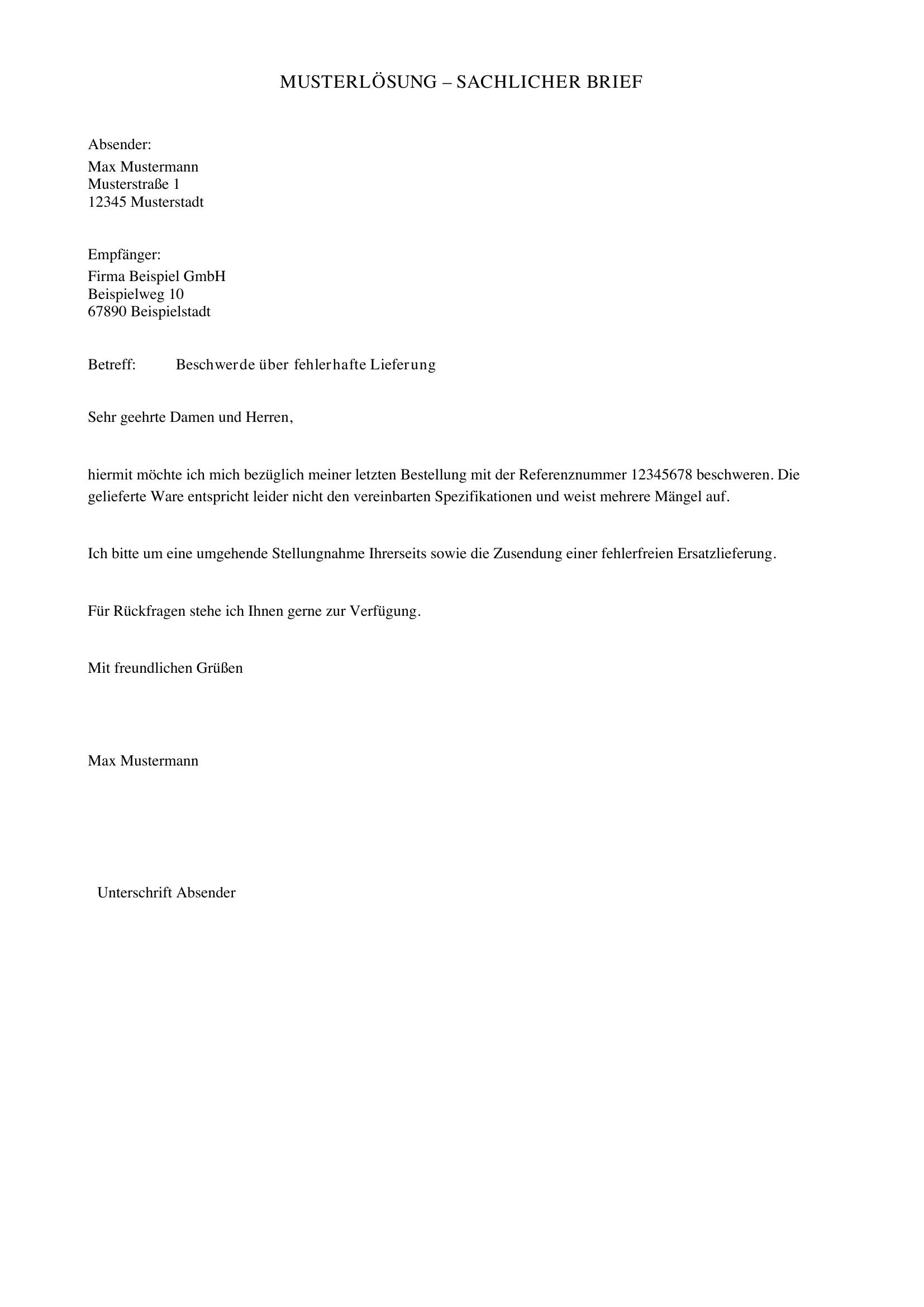 Sachlicher Brief Musterlösung