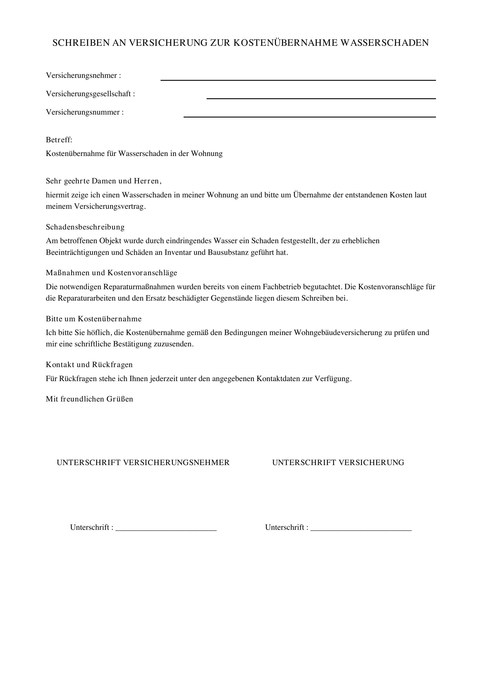 Schreiben An Versicherung Kostenübernahme Wasserschaden