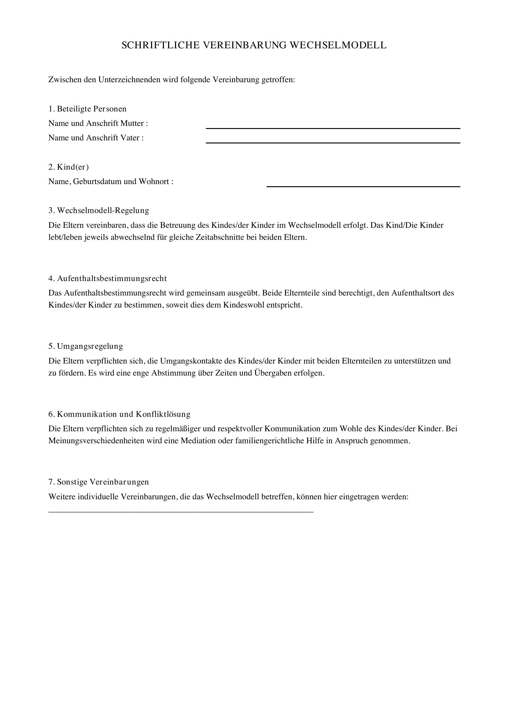 Schriftliche Vereinbarung Wechselmodell Muster