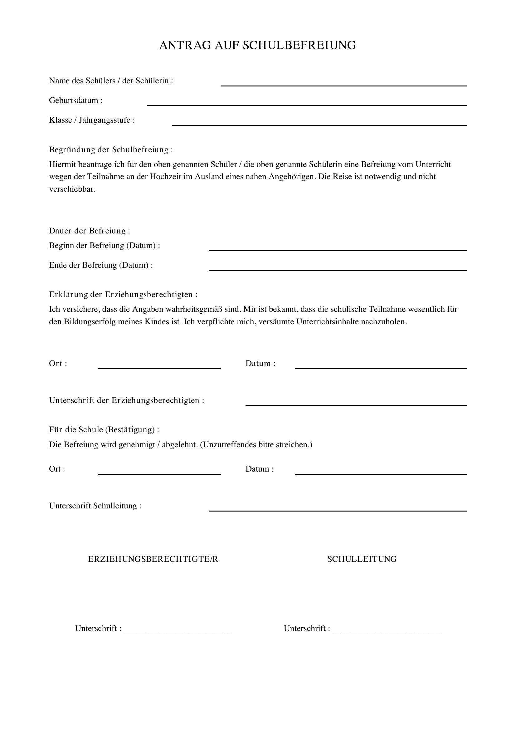 Schulbefreiung Wegen Hochzeit Im Ausland Vorlage